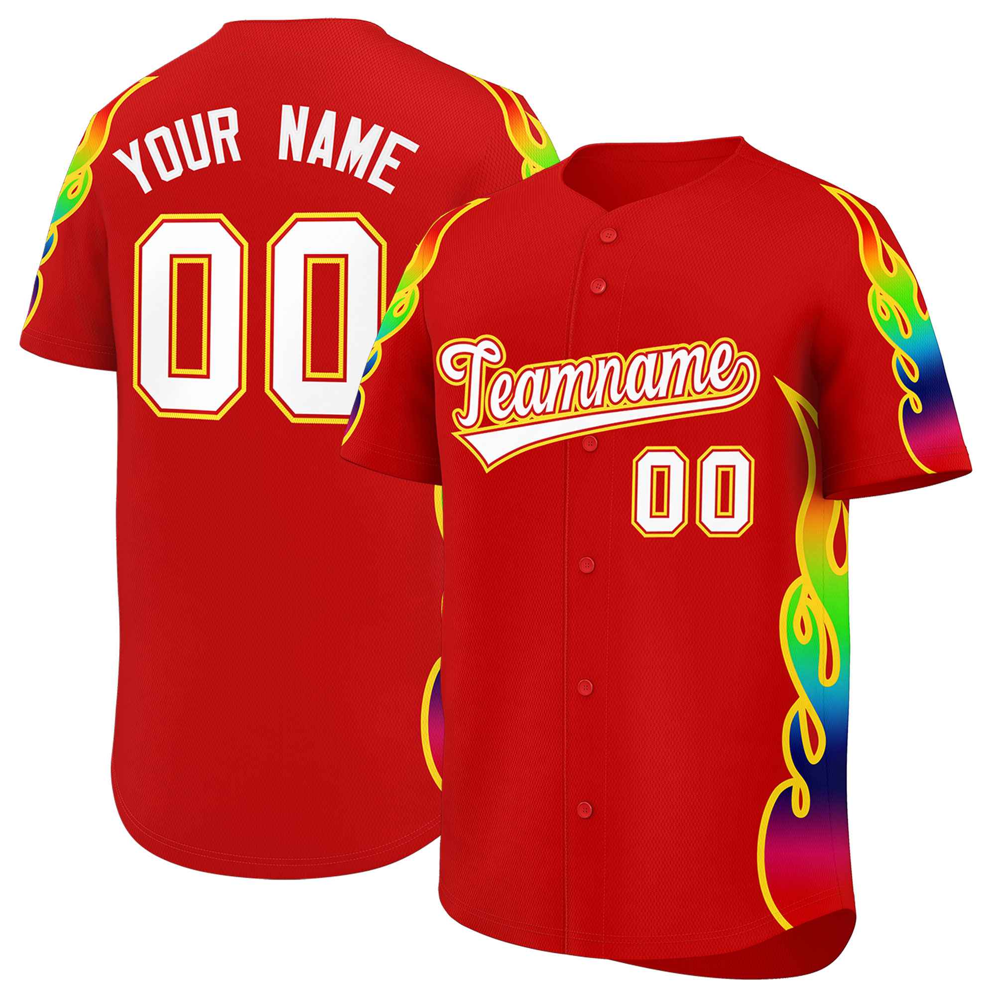 Benutzerdefiniertes Graffiti-Muster, personalisierter mehrfarbiger Flammendruck, authentisches Baseball-Trikot