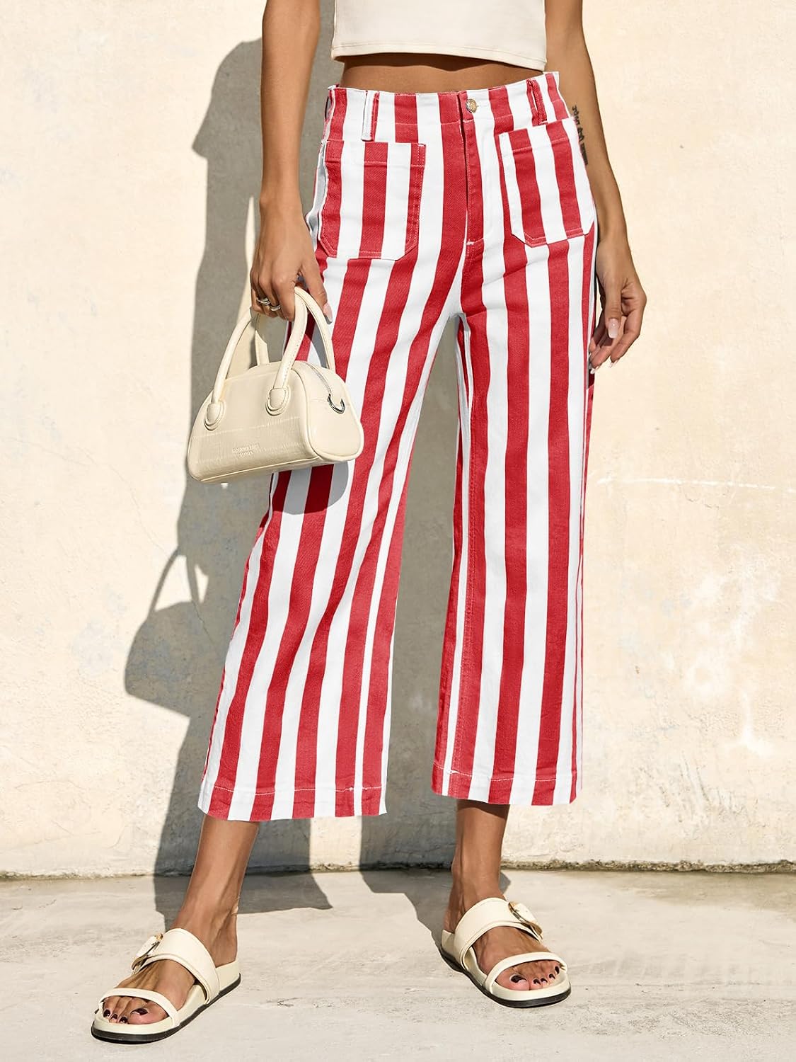 Women's Striped Wide Leg Crop Jeans Red White Women's Striped Wide Leg Crop Jeans Red White