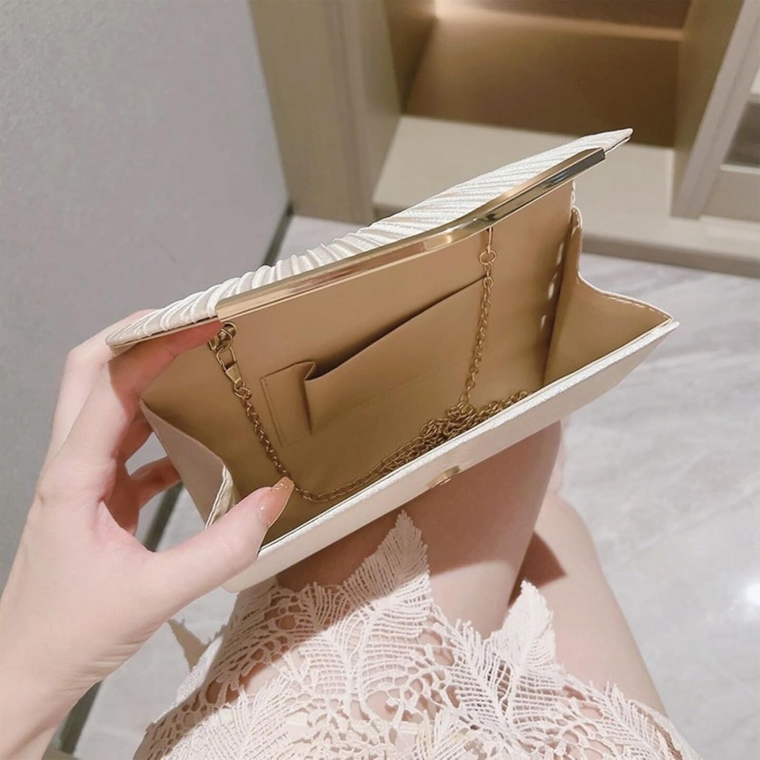 Women's Metallic Pleated Clutch Champagne Evening Bag with Chain Women's Metallic Pleated Clutch Champagne Evening Bag with Chain