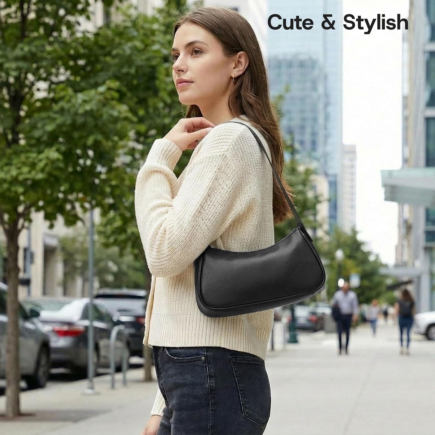 Women's Black Vegan Leather Crescent Shoulder Bag