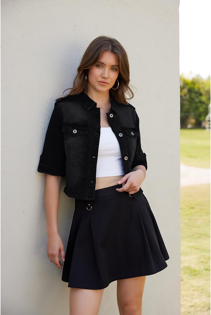 Women's Short Sleeve Stretch Denim Jacket Retro Casual Button Down Cropped Trucker Jean Jackets