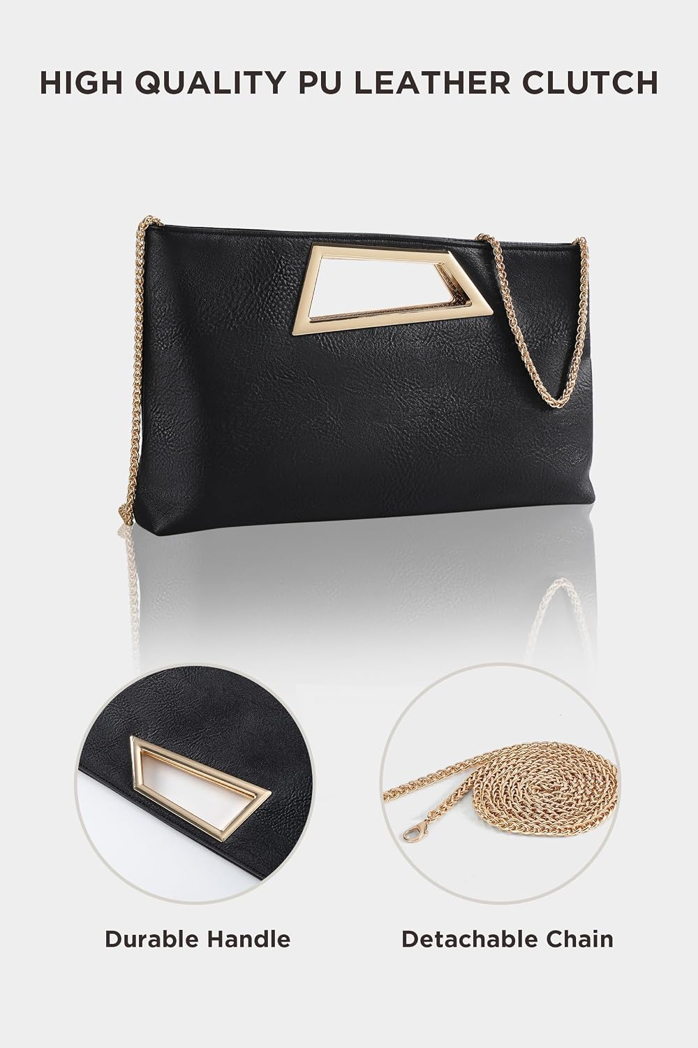 Women's PU Leather Clutch with Gold Cutout Handle Black