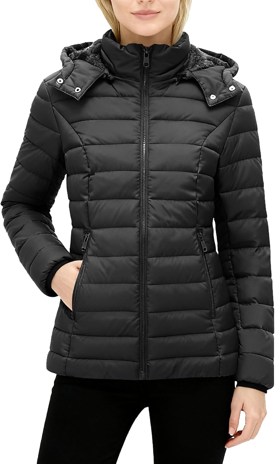 Women's Hooded Quilted Puffer Coat Fleece Lined Black Women's Hooded Quilted Puffer Coat Fleece Lined Black