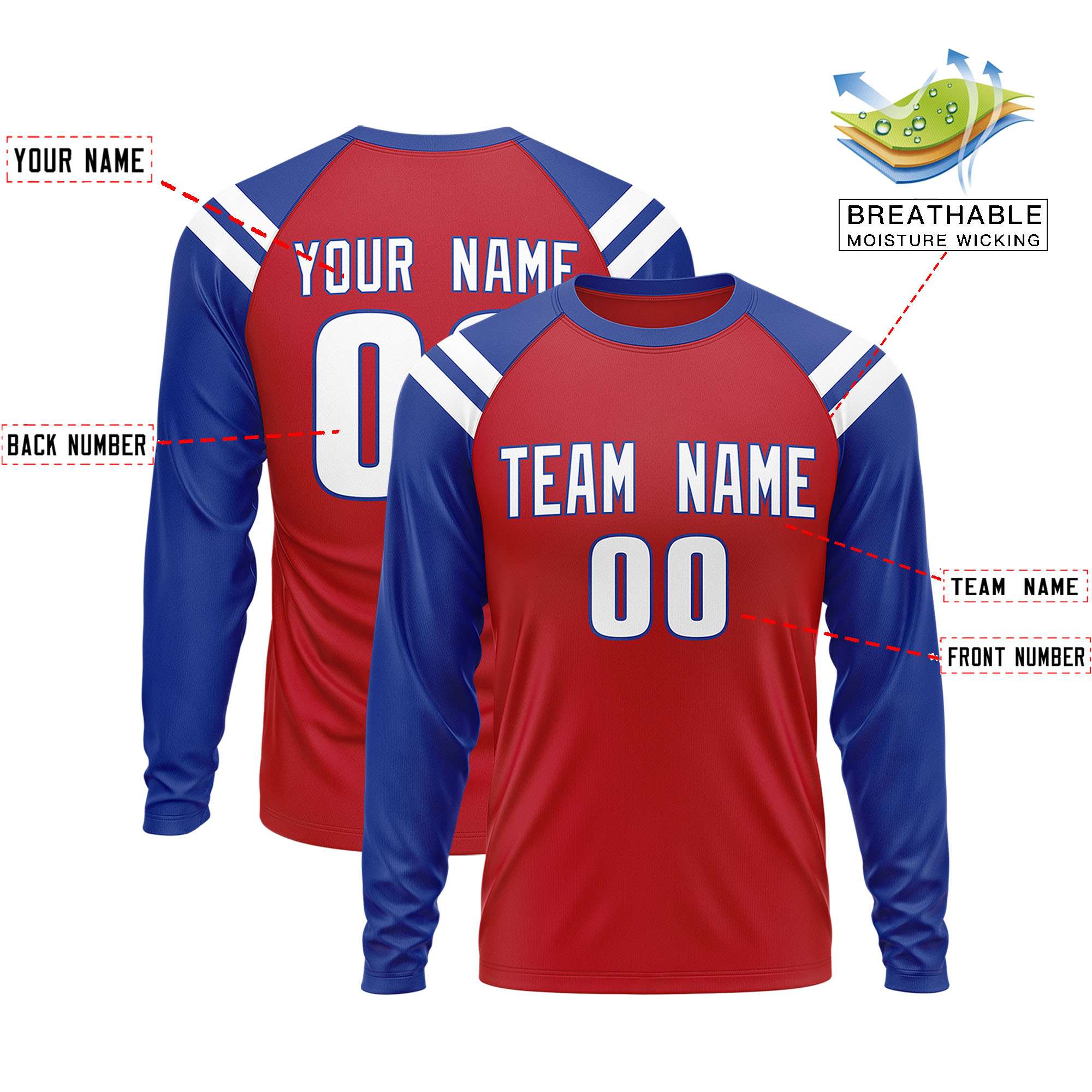 Personalisiertes Raglan-Langarm-Performance-T-Shirt mit individuellem Rundhalsausschnitt