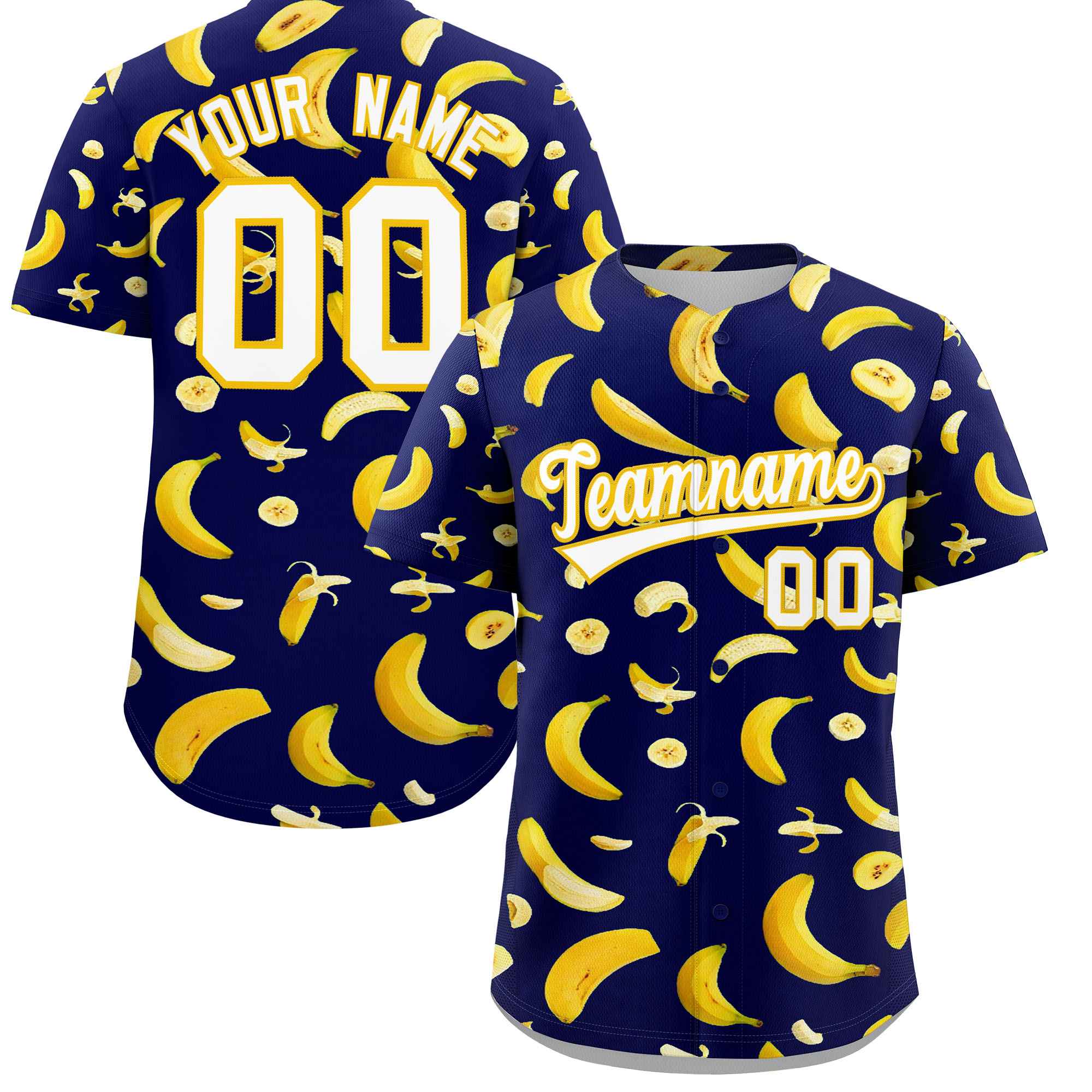 Benutzerdefiniertes dunkelblaues Bananen-Graffiti-Muster, modisches, authentisches Baseball-Trikot