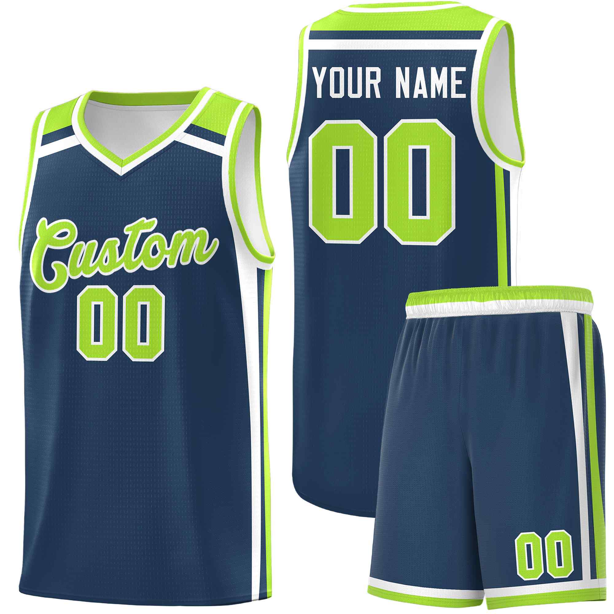 Benutzerdefiniertes Mitternachtsblau, Neongrün, Weiß, trendige Farbe, Charge-Serie, Sportuniform-Basketballtrikot