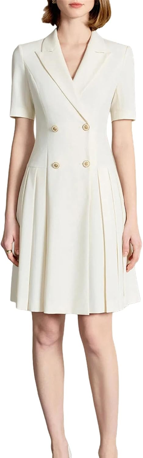 Women's Double Breasted Blazer Dress Short Sleeve Pleated White