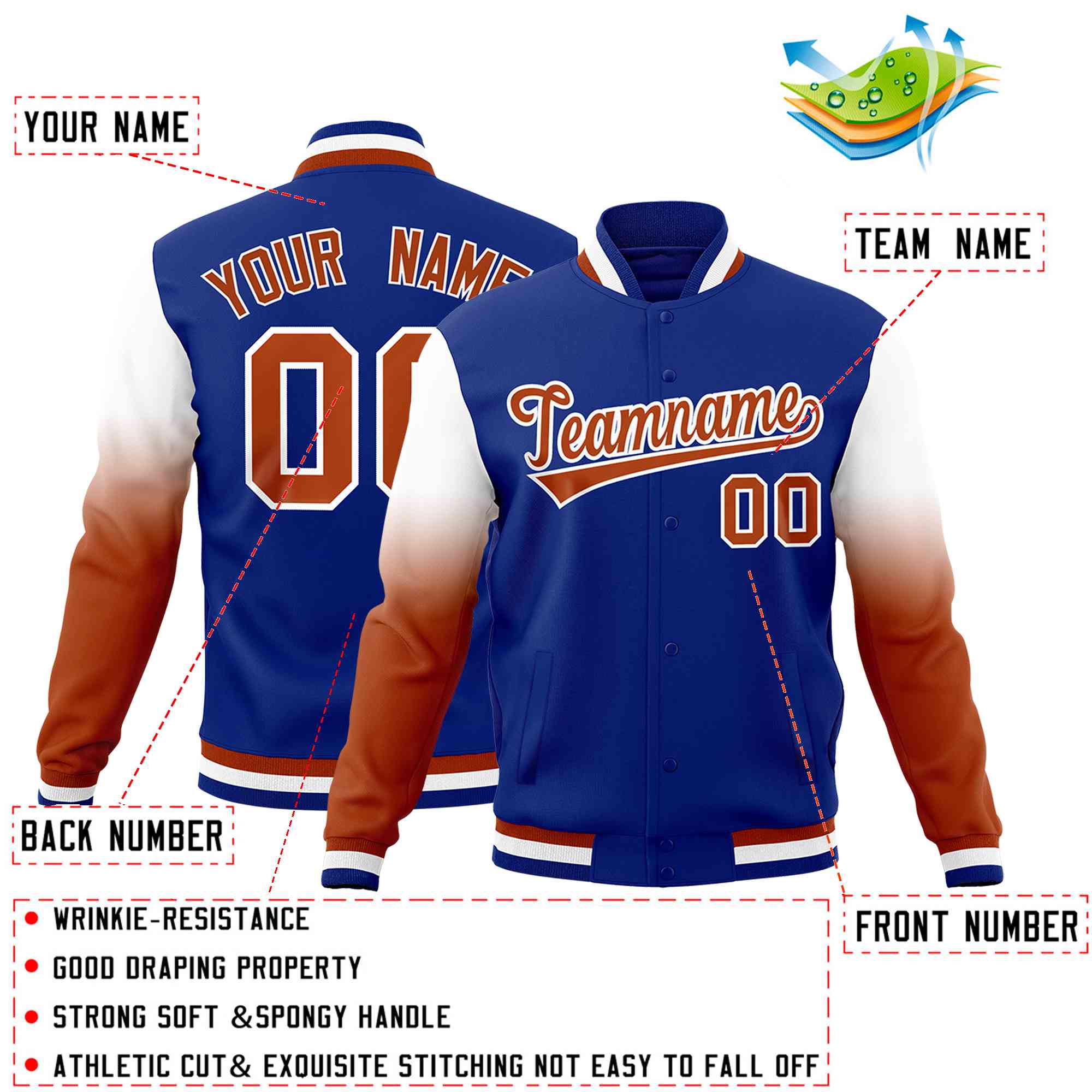 Custom Royal Blue Dark Orange White Full-Snap Varsity Raglan Sleeves Gradient Letterman Jacket Custom Royal Blue Dark Orange White Full-Snap Varsity Raglan Sleeves Gradient Letterman Jacket