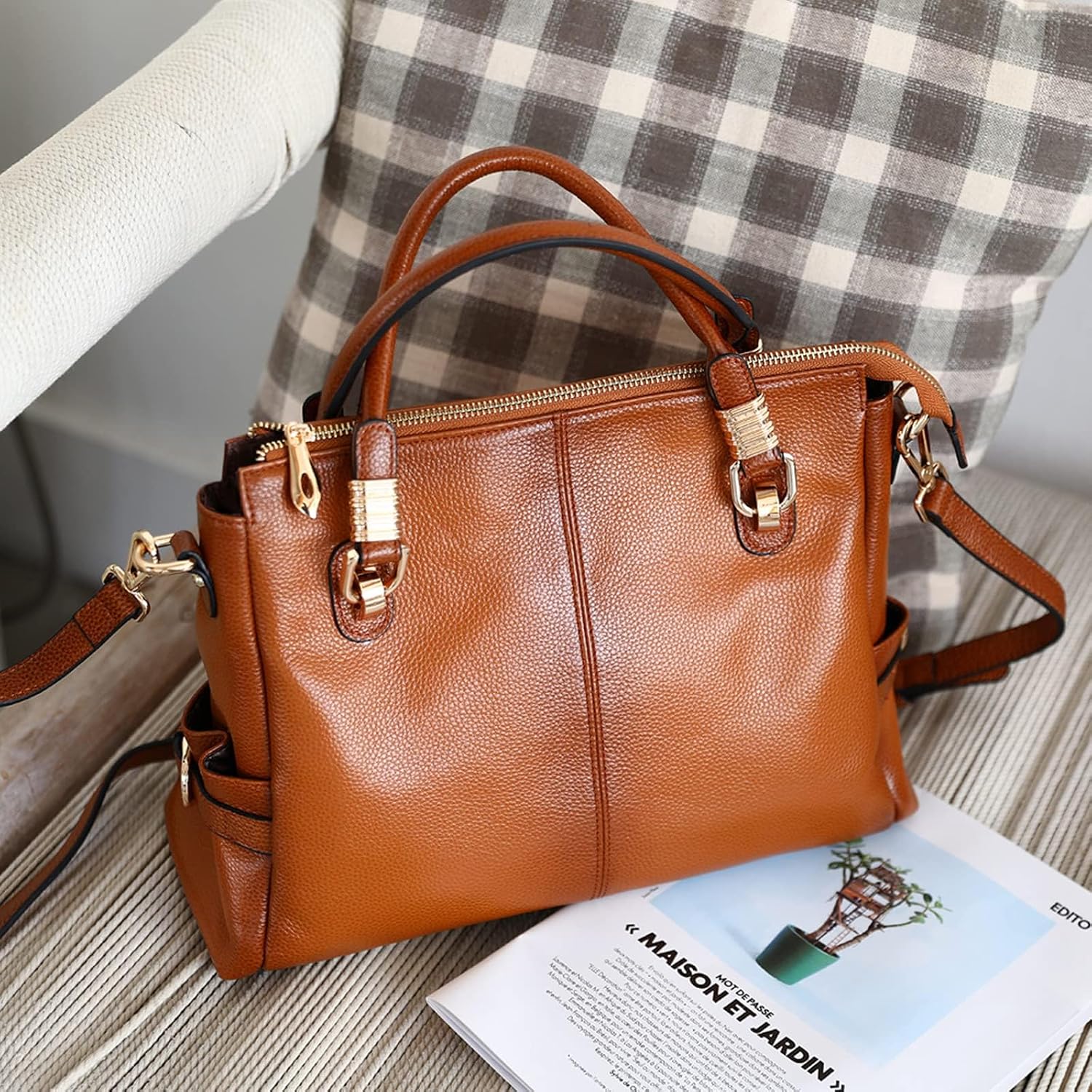 Women's PU Leather Tote Bag Brown Quilted