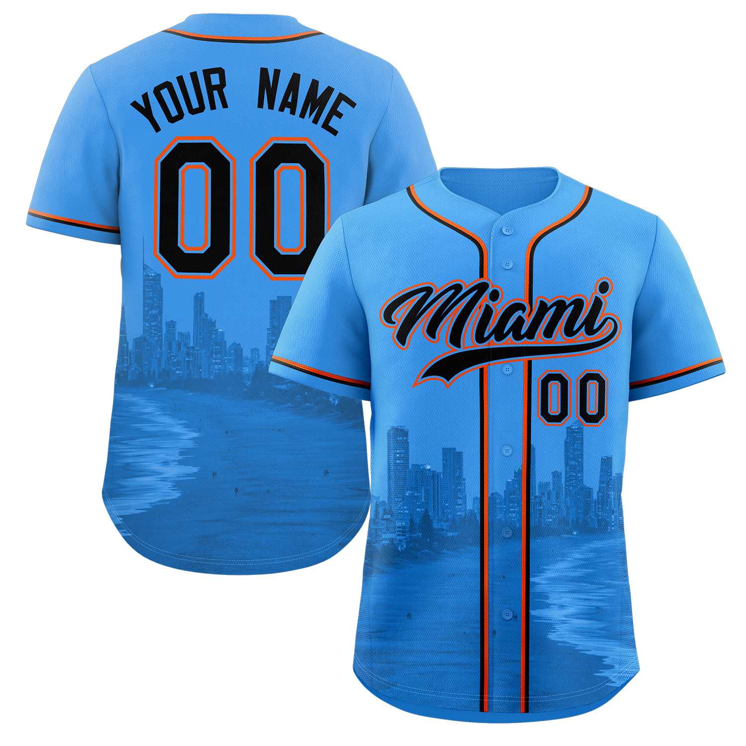 Benutzerdefiniertes Schwarz-Pulverblaues Miami City Skyline Baseball-Trikot