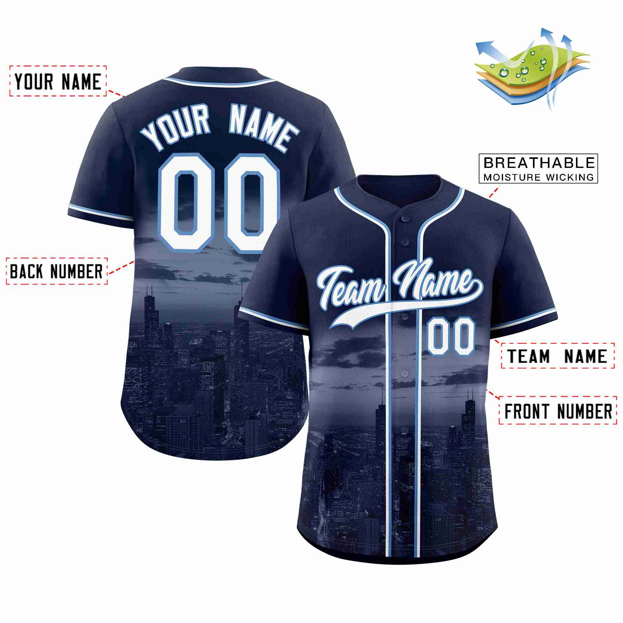 Benutzerdefiniertes weiß-hellblaues Chicago City Skyline Baseball-Trikot