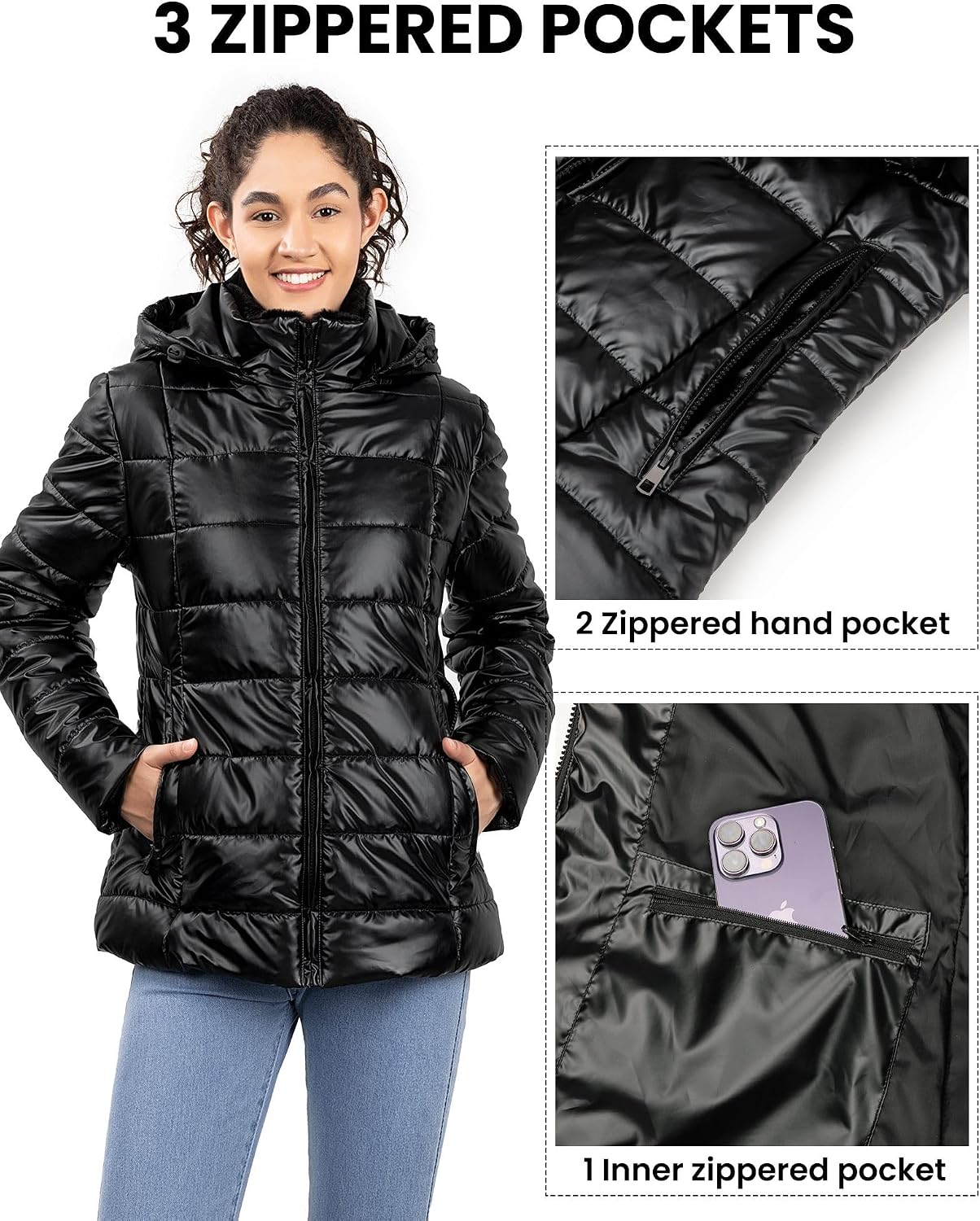 Women's Short Quilted Puffer Jacket Fleece Lined Hood Black