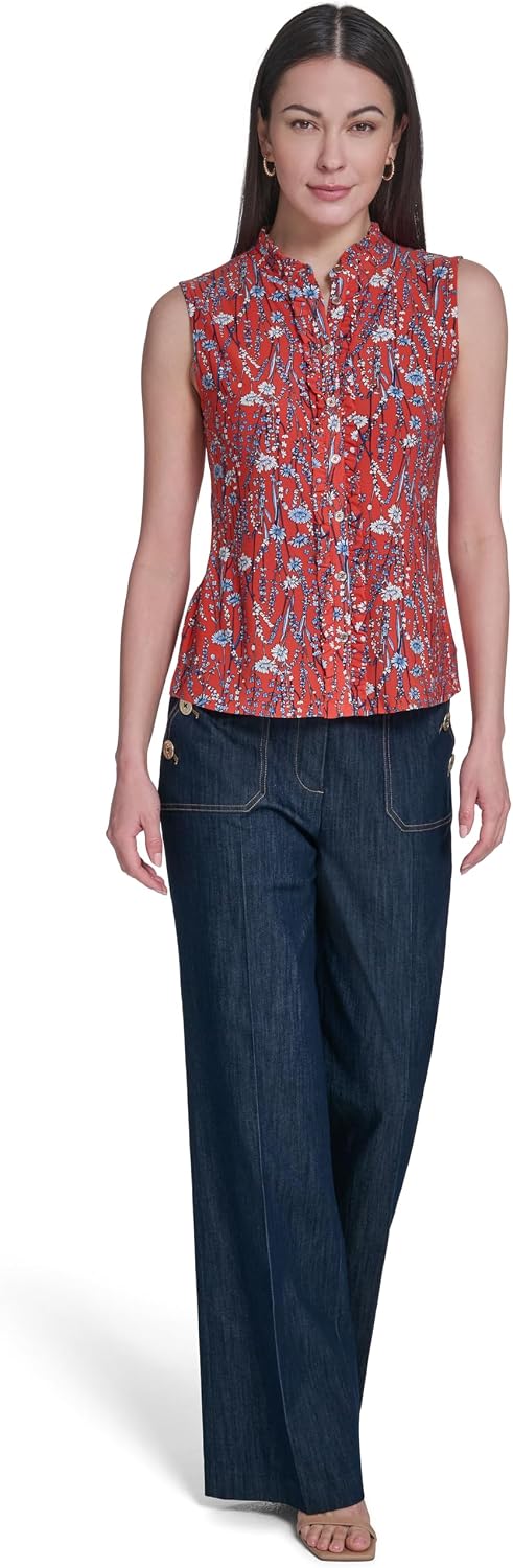 Women's Floral Print Sleeveless Button Up Shirt, Red Women's Floral Print Sleeveless Button Up Shirt, Red