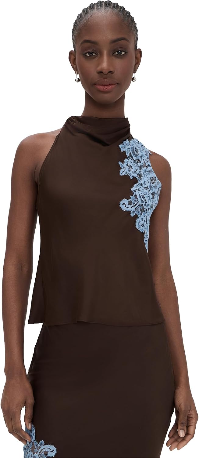 Women's Mock Neck Lace Panel Satin Top, Brown