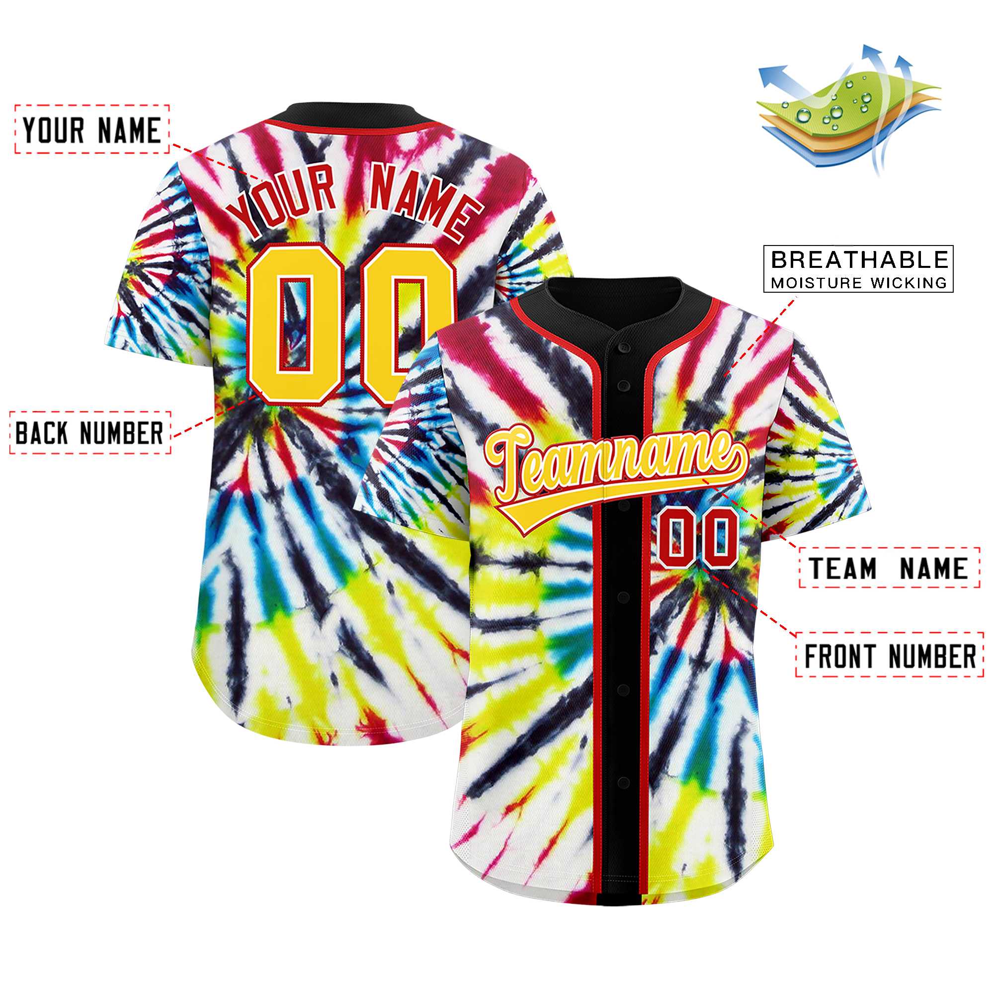 Authentisches Baseball-Trikot mit individuellem Tie-Dye-Graffiti-Muster Authentisches Baseball-Trikot mit individuellem Tie-Dye-Graffiti-Muster