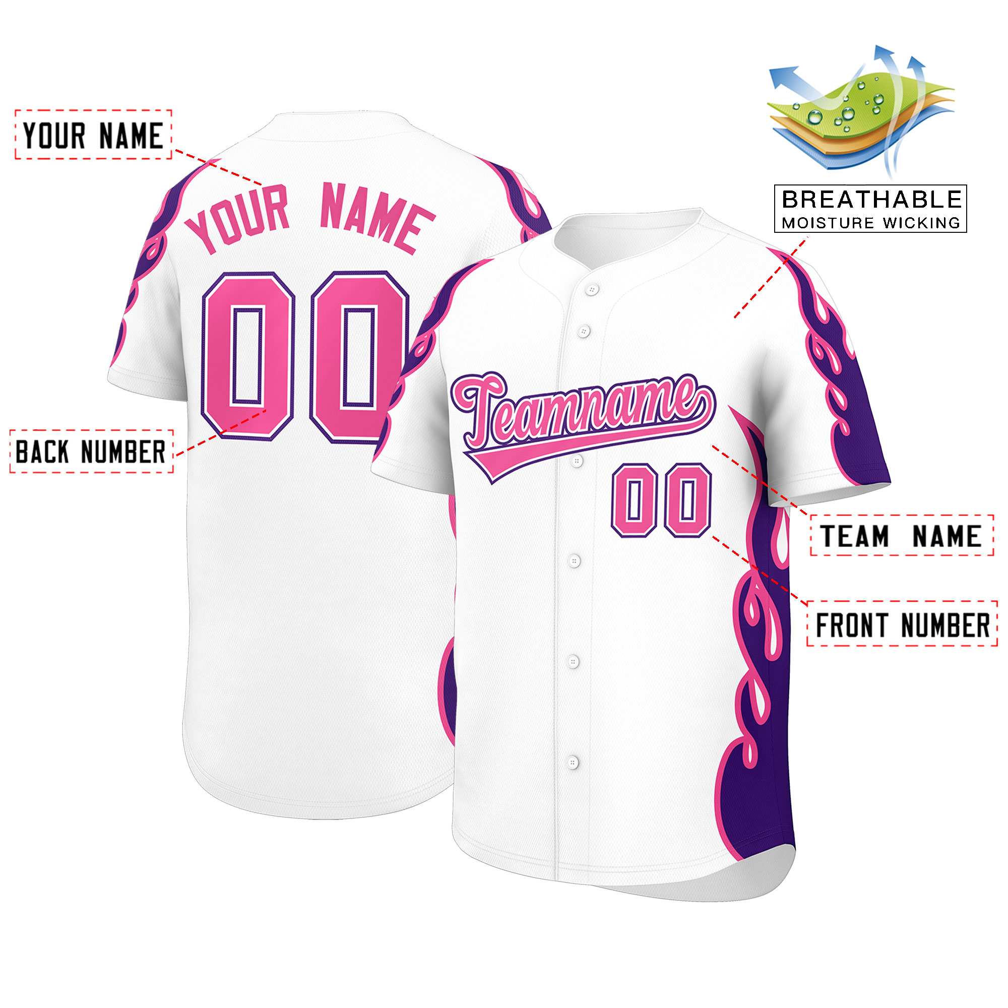 Benutzerdefiniertes Baseball-Trikot mit Seitenflammen-Umrissmuster für Sportuniformen