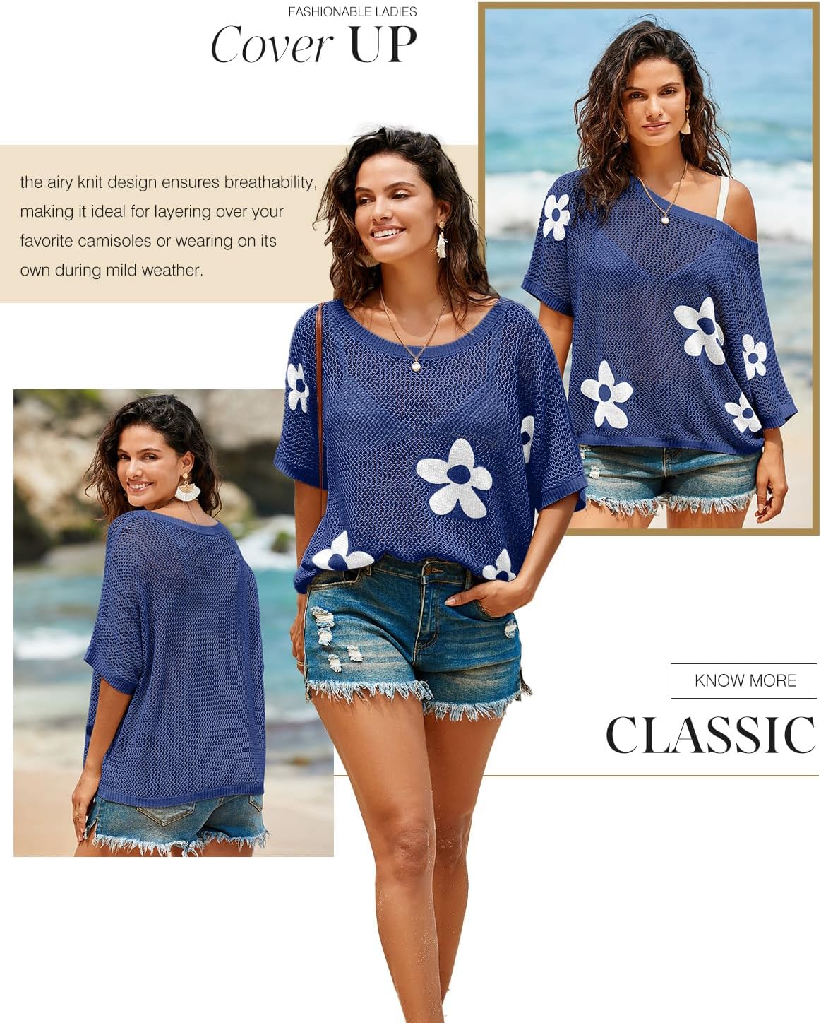 Women's Blue Floral Open Knit Pullover Sweater Women's Blue Floral Open Knit Pullover Sweater