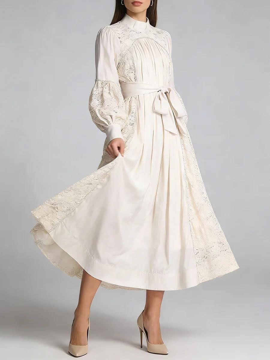 Women's Lace Patchwork Maxi Dress Lantern Sleeve Tie Waist