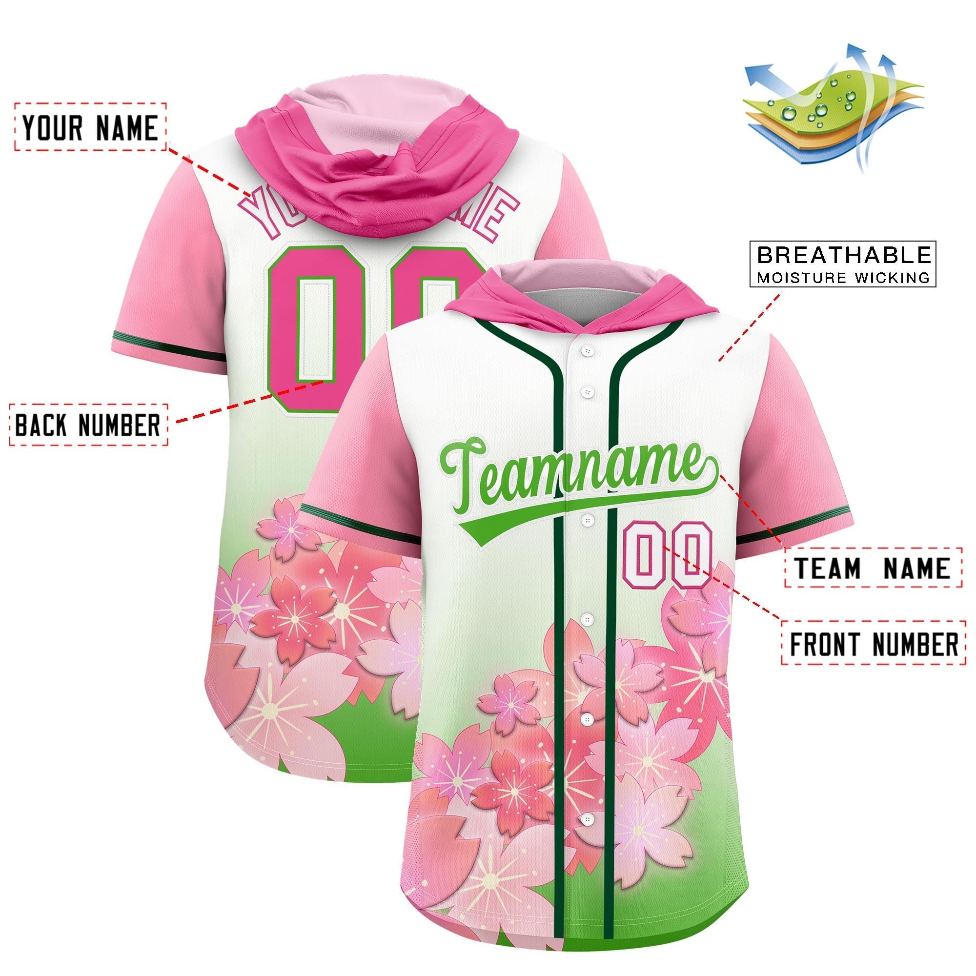 Benutzerdefinierte hellgrüne Kirschblüten-Raglanärmel, feuchtigkeitsableitendes Baseball-Kapuzentrikot Benutzerdefinierte hellgrüne Kirschblüten-Raglanärmel, feuchtigkeitsableitendes Baseball-Kapuzentrikot