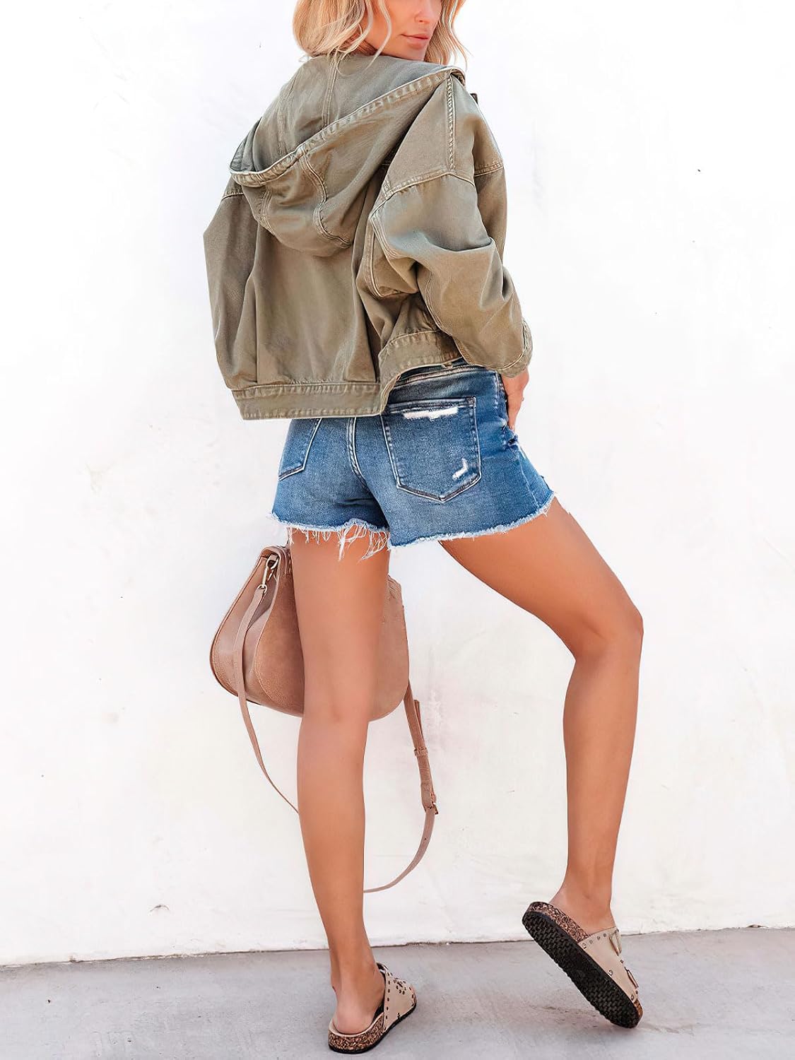 Women's Fall Boyfriend Denim Hoodies Casual Long Sleeve Button Down Crop Jean Jacket with Pockets
