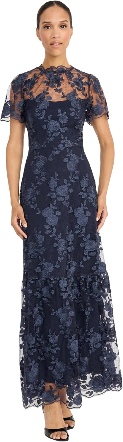 Women's Womens Lace Maxi Dress with Embroidered Details Trumpet Silhouette V-Back - Wedding Guest Dresses