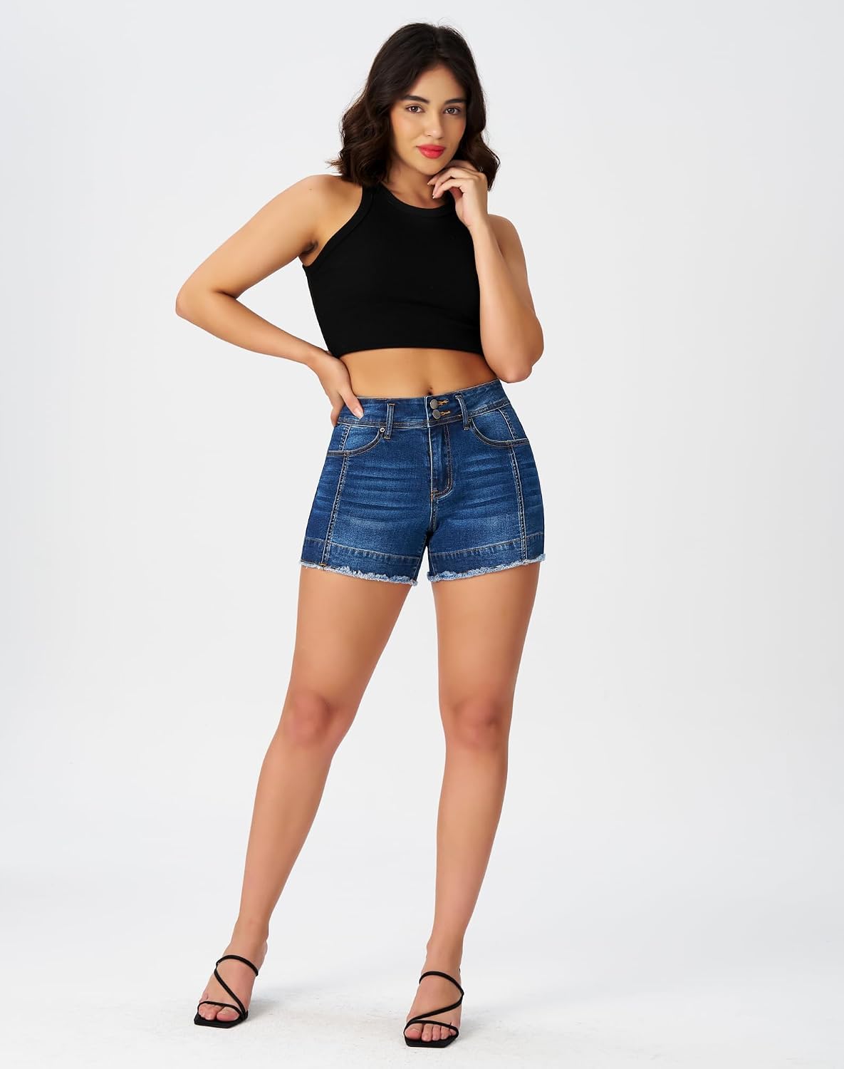 Women's High Waisted Stretchy Frayed Hem Summer Denim Jean Shorts