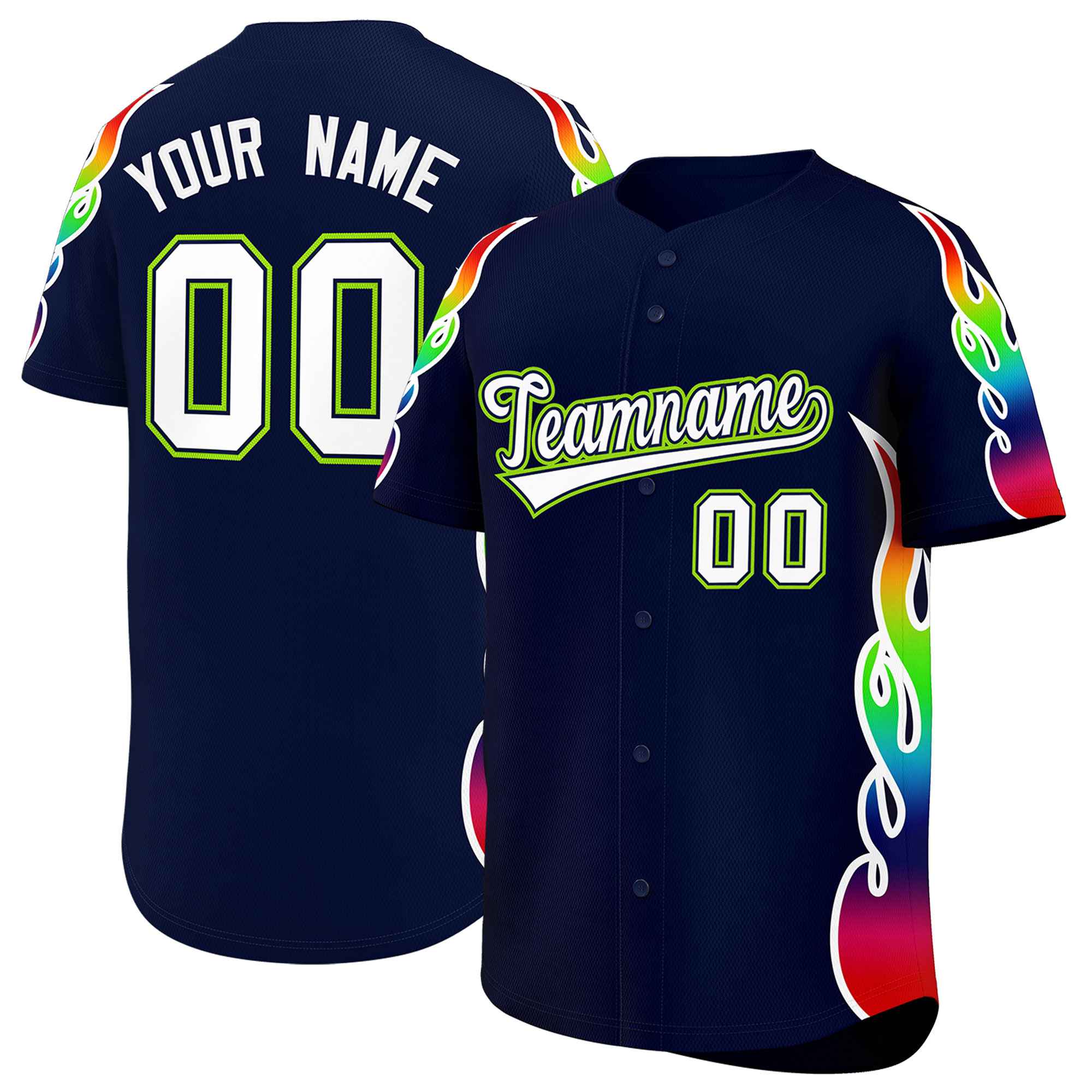 Benutzerdefiniertes Graffiti-Muster, personalisierter mehrfarbiger Flammendruck, authentisches Baseball-Trikot