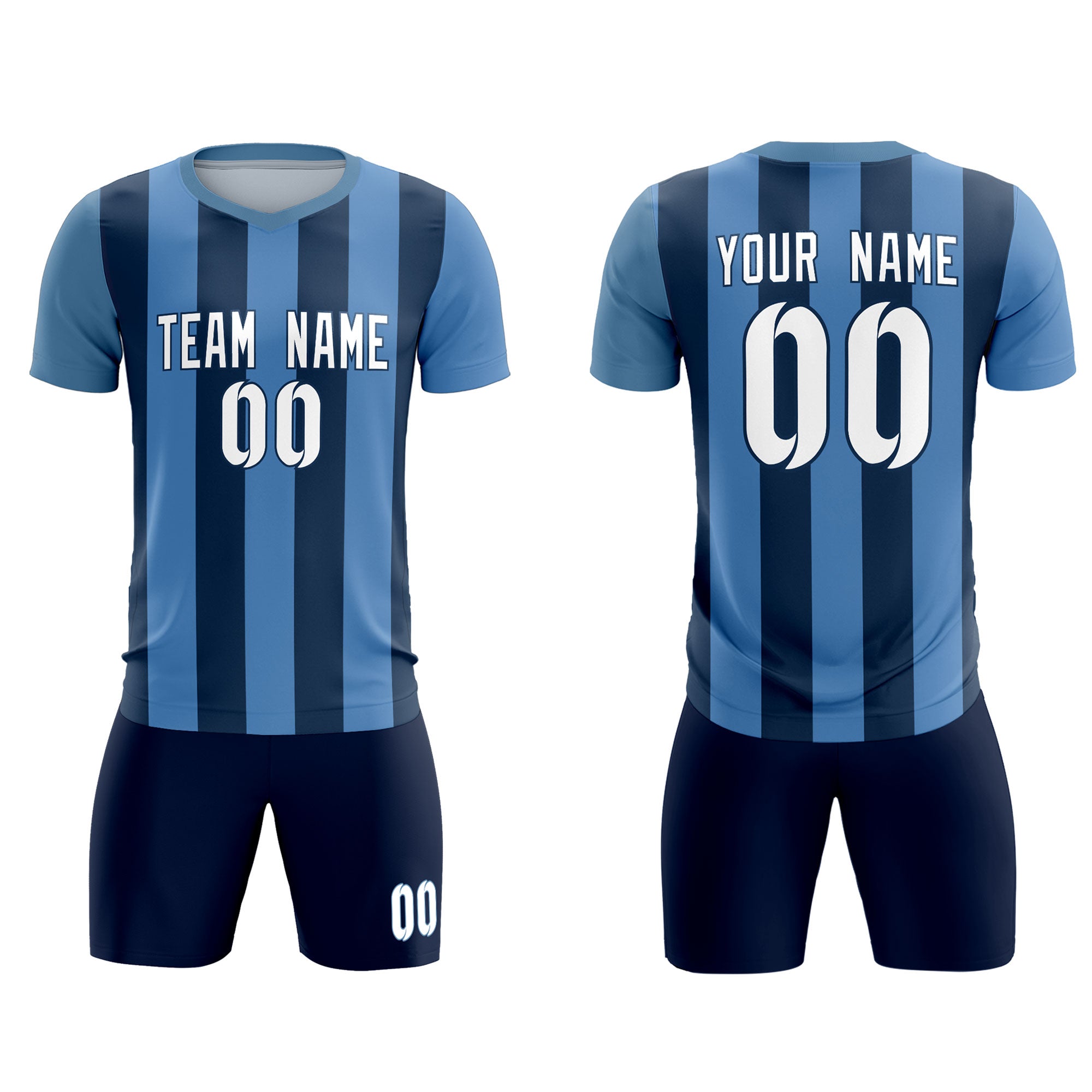 Benutzerdefinierte hellblaue mitternachtsblaue vertikale Streifen, lässiges Outdoor-Fußball-Set-Trikot