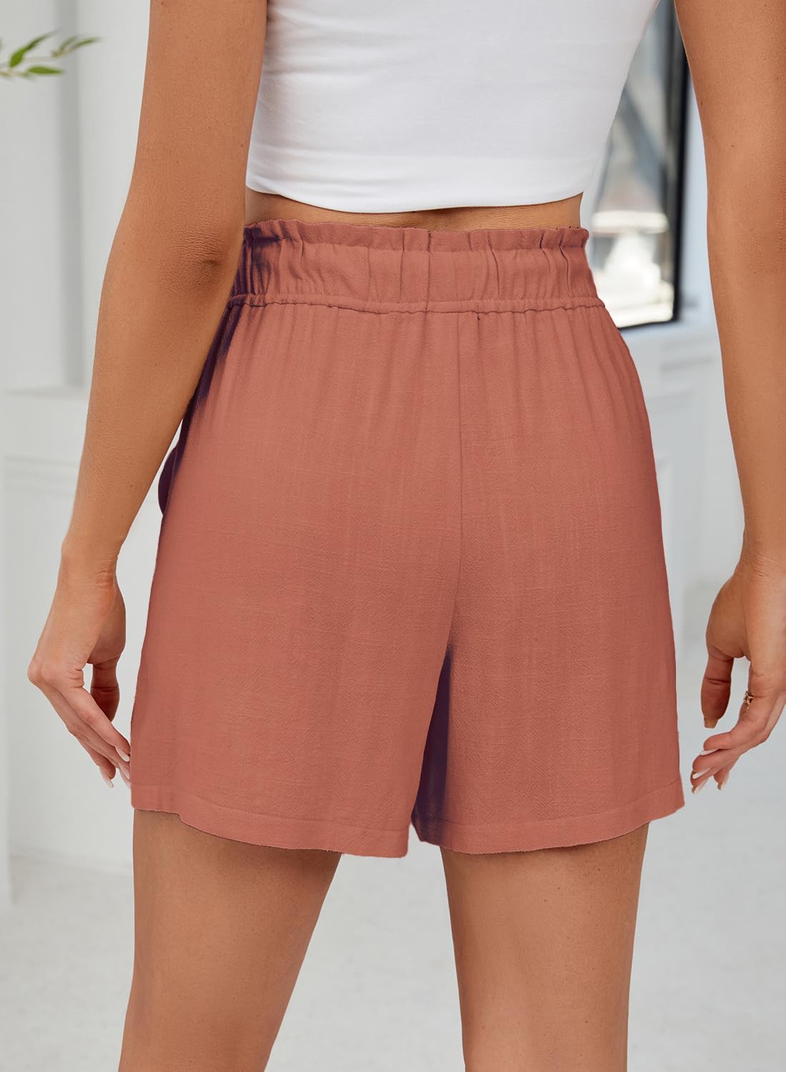 High Waisted Linen Shorts for Women Pockets Beach Vacation Resort Wear Casual Summer Lounge
