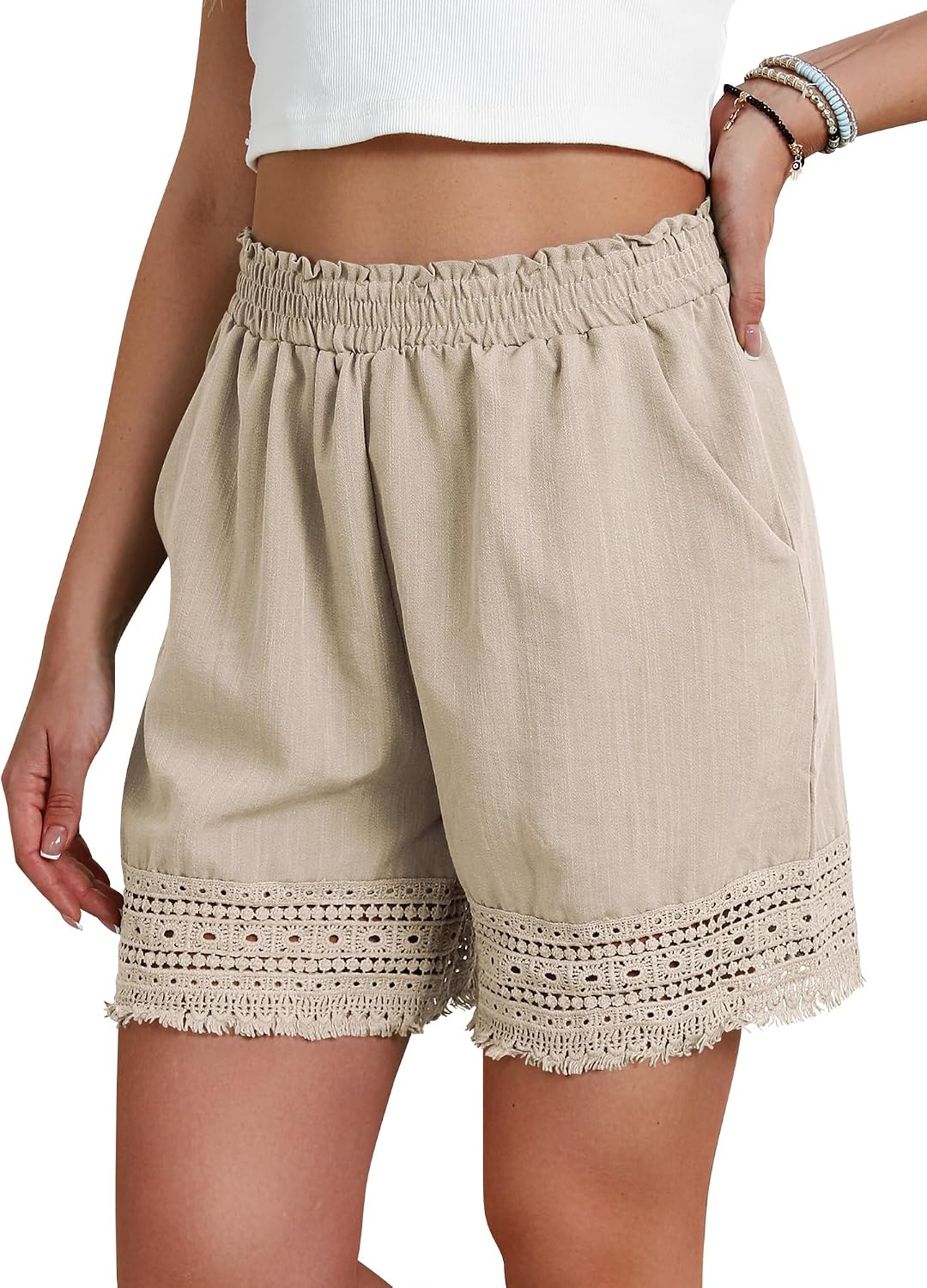 Women's Casual Elastic Waist Lounge Shorts Stretch Lace Trim Summer Beach Linen Ruffle