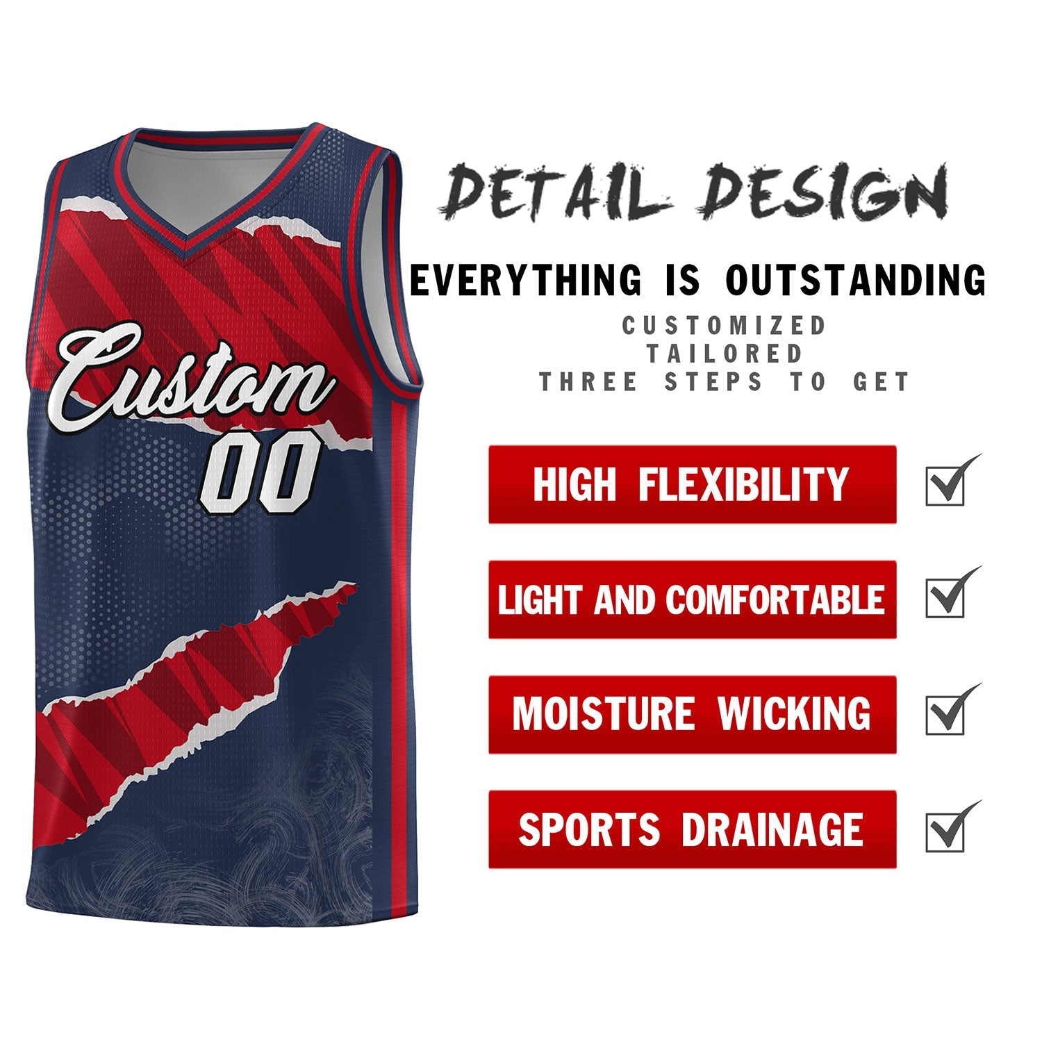 Benutzerdefiniertes Mitternachtsblau-Rot-Schwarz-Tränen-Graffiti-Muster-Sportuniform-Basketballtrikot