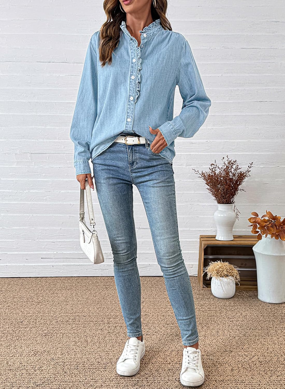 Women's Ruffle Trim Denim Shirt Button Down Long Sleeve