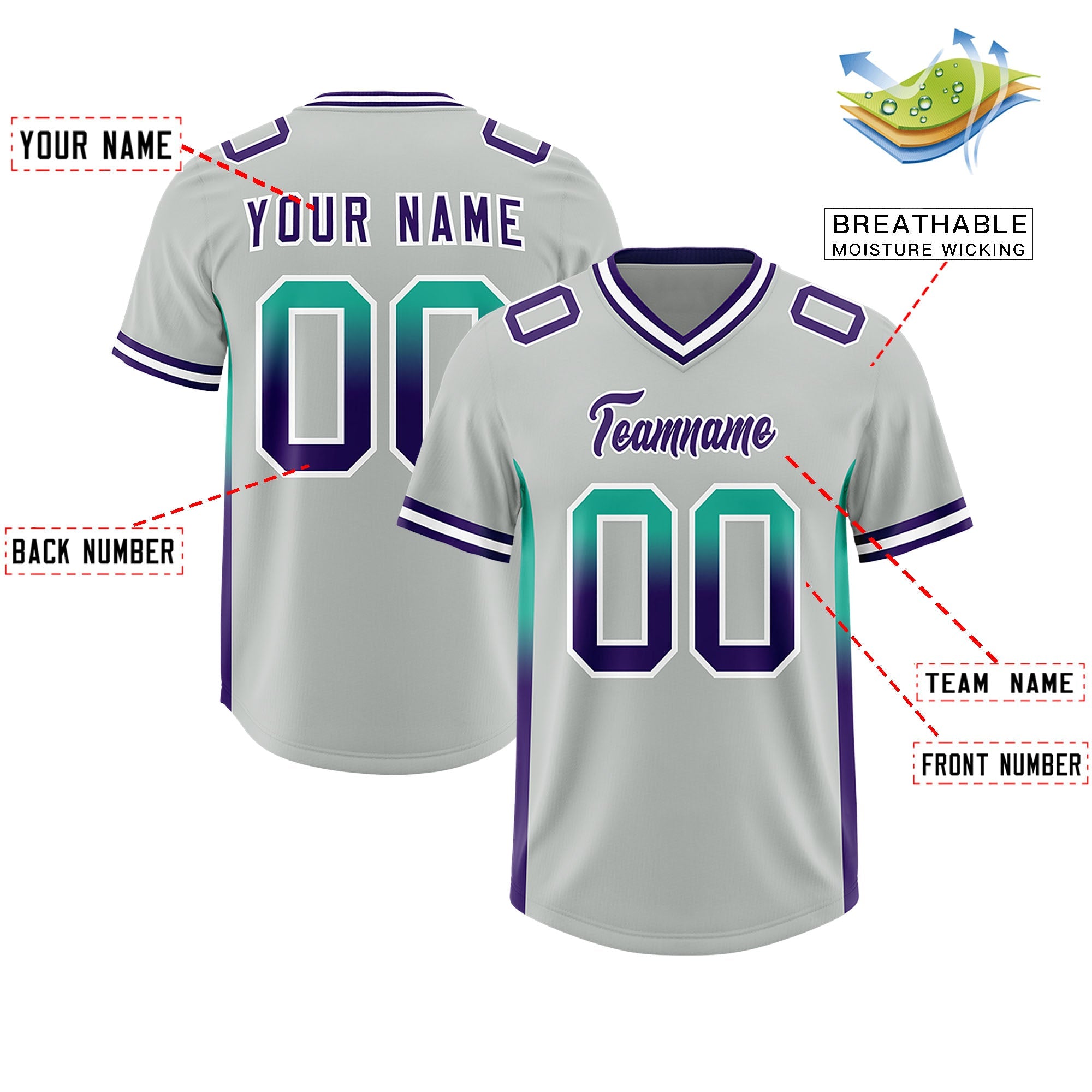 Benutzerdefinierte graue, hellgrüne und violette Seiten mit Farbverlauf, personalisiertes Team-Fußballtrikot