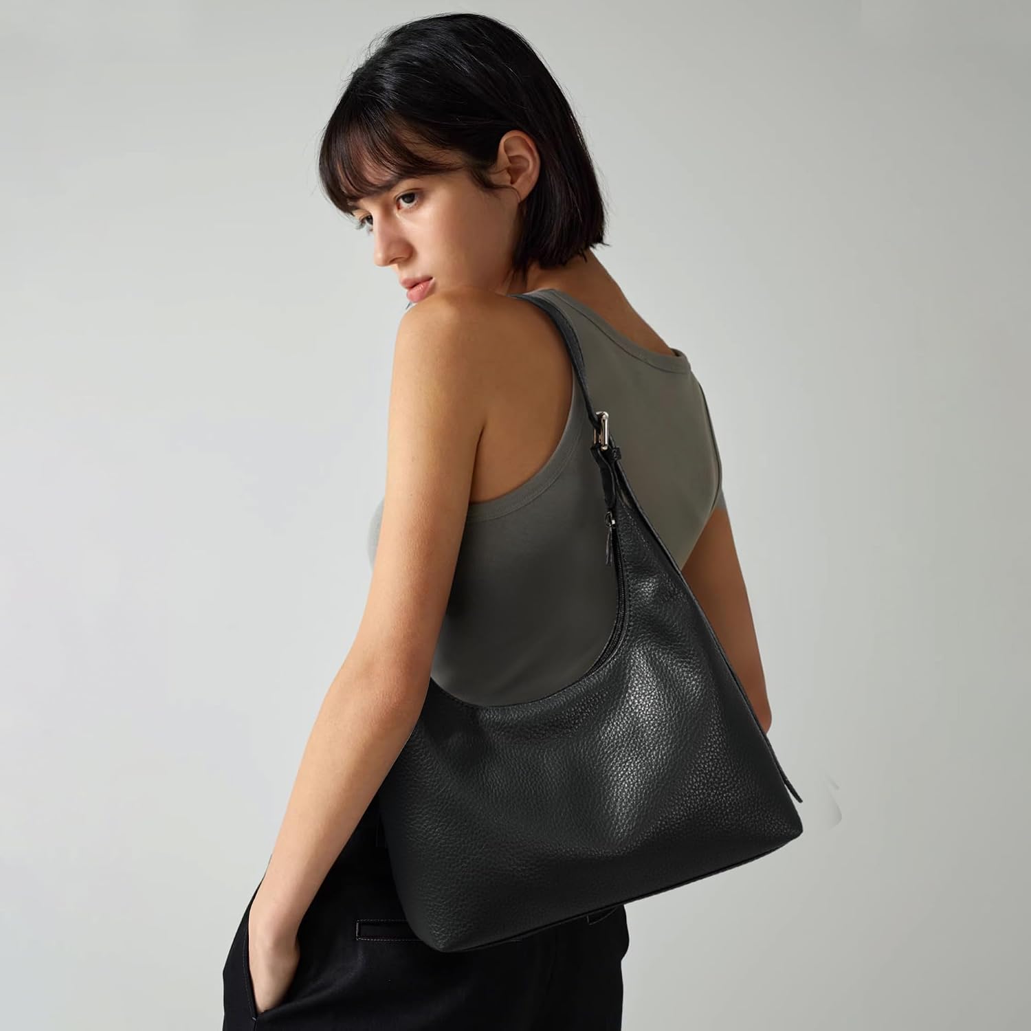 Women's Black Pebbled PU Crescent Shoulder Bag