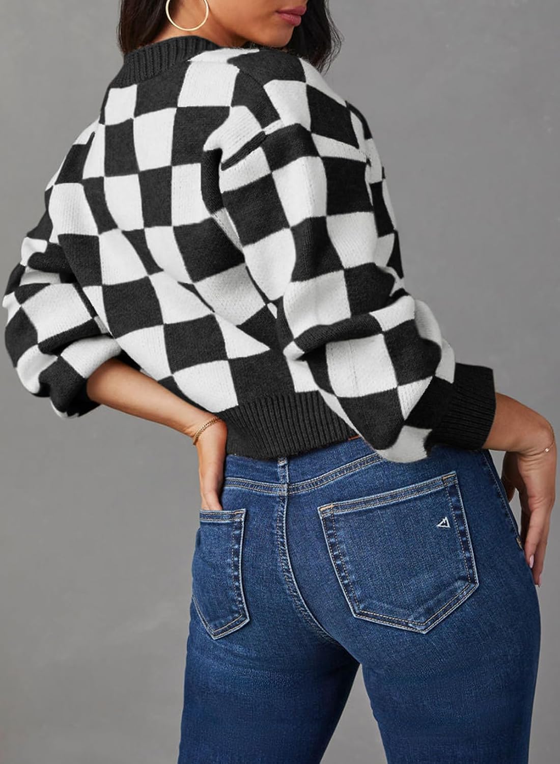 Womens Checkered V Neck Button Down Long Sleeve Cable Knit Cropped Cardigan Sweaters Tops Womens Checkered V Neck Button Down Long Sleeve Cable Knit Cropped Cardigan Sweaters Tops
