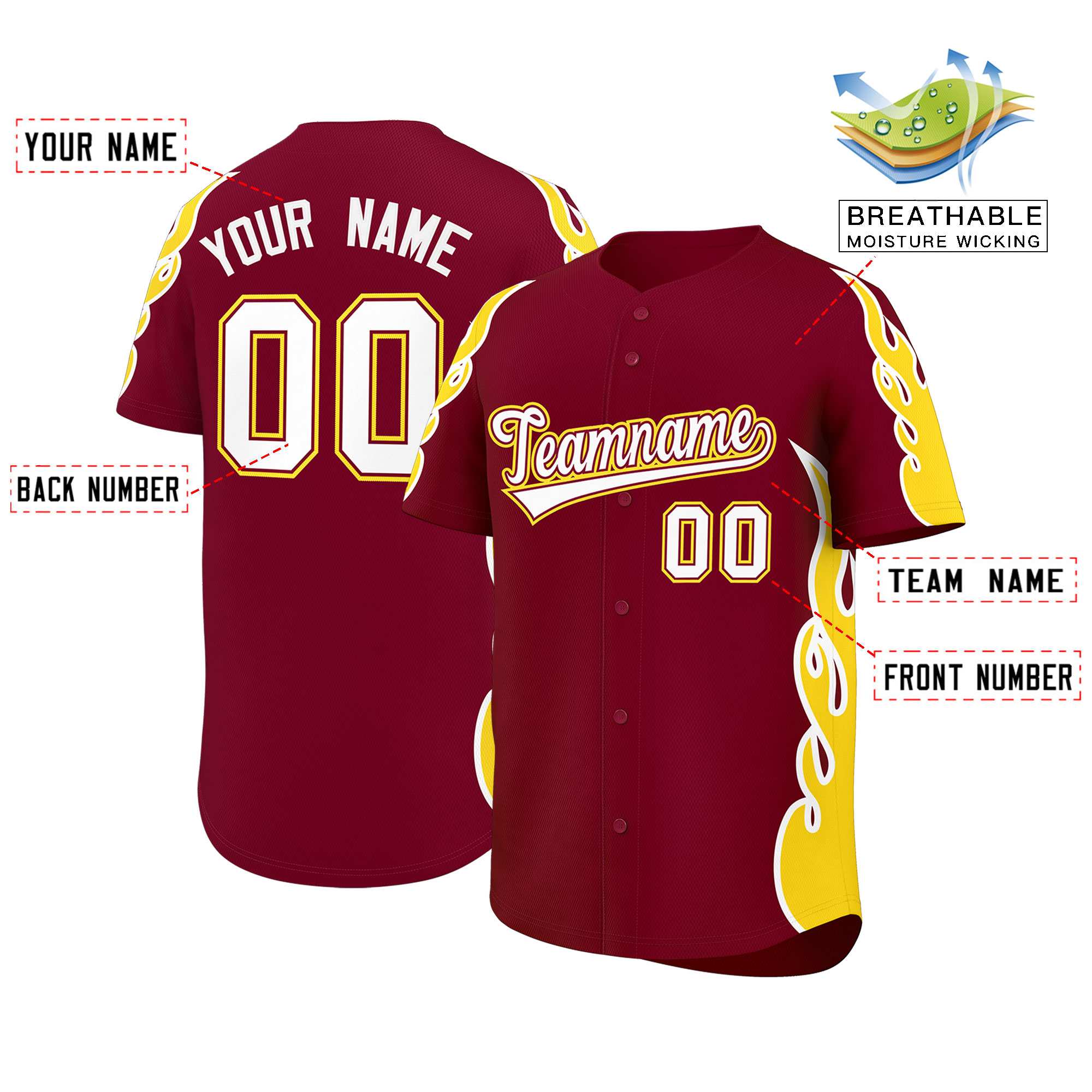 Benutzerdefiniertes Baseball-Trikot mit Seitenflammen-Umrissmuster für Sportuniformen