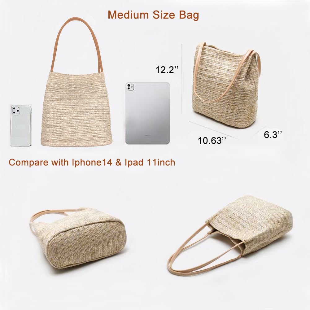 Women's Woven Straw Tote Bag Beige Herringbone