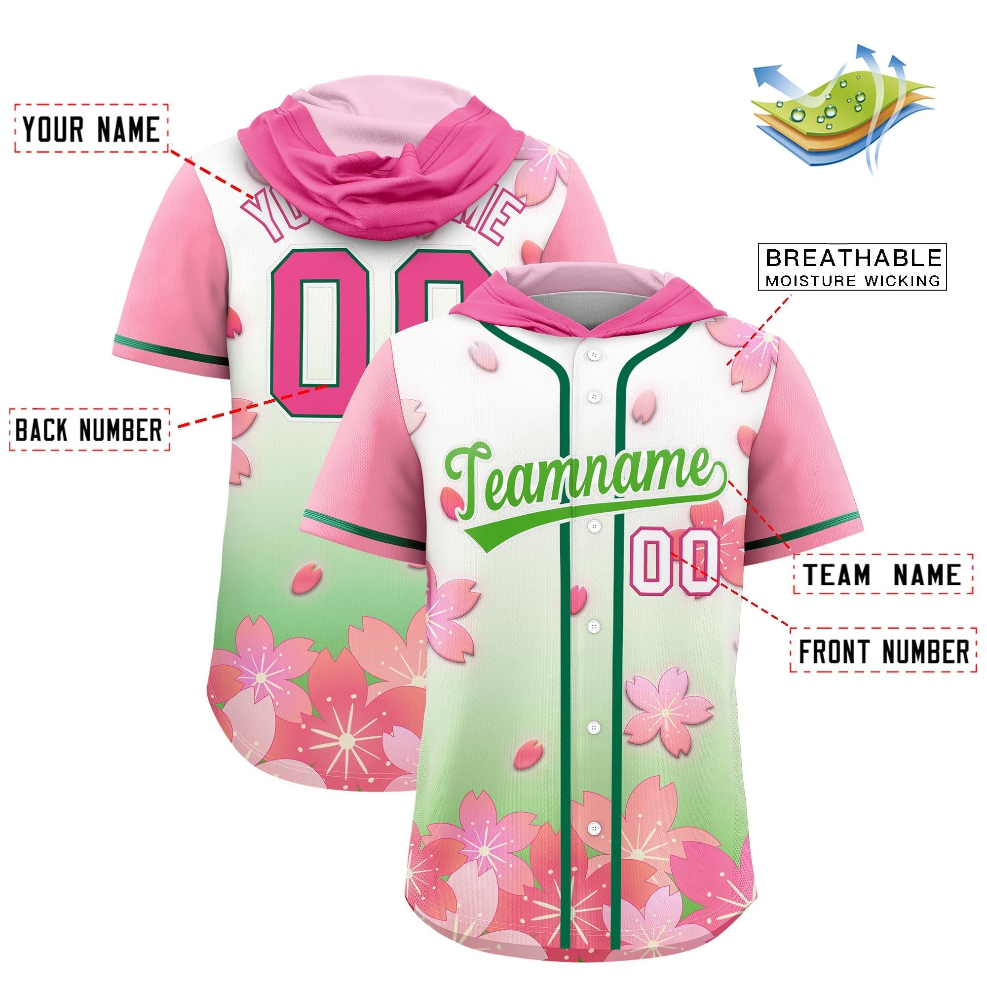 Benutzerdefinierte hellgrüne Kirschblüten-Raglanärmel, feuchtigkeitsableitendes Baseball-Kapuzentrikot Benutzerdefinierte hellgrüne Kirschblüten-Raglanärmel, feuchtigkeitsableitendes Baseball-Kapuzentrikot