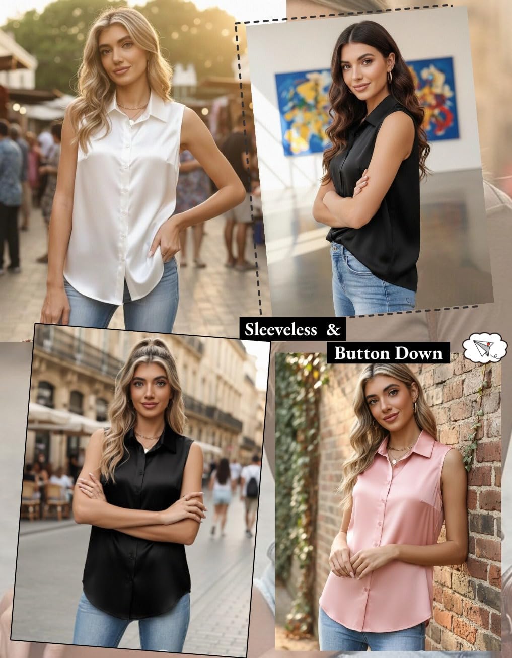 Women's Satin Sleeveless Blouse Collared Button Down Black