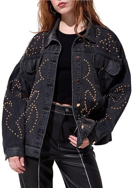 Women's Gold Studded Black Denim Jacket Oversized