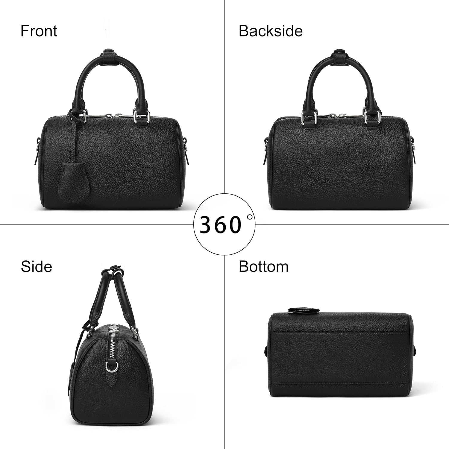 Women's Pebbled Leather Boston Handbag with Tassel, Black