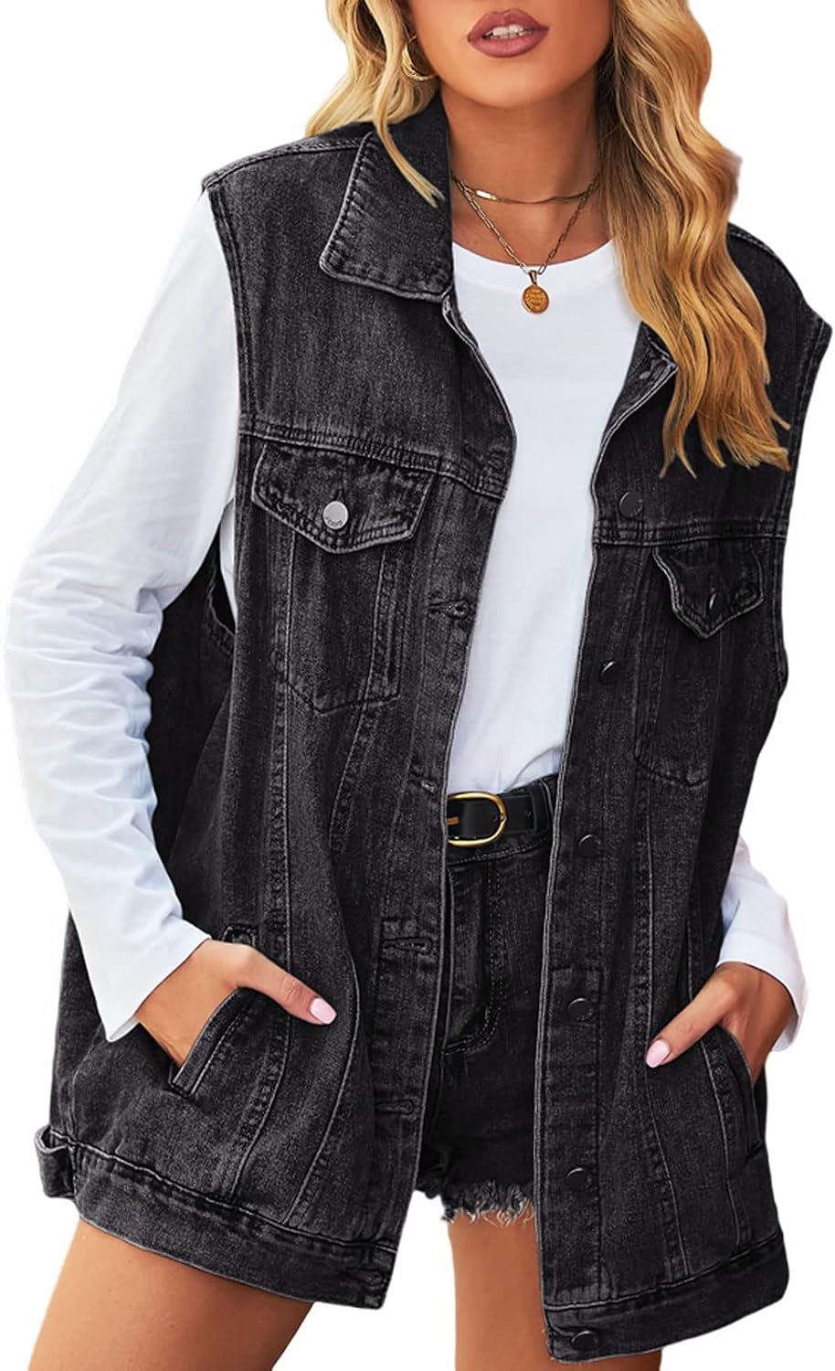 Women's Washed Black Denim Vest Oversized Button Down