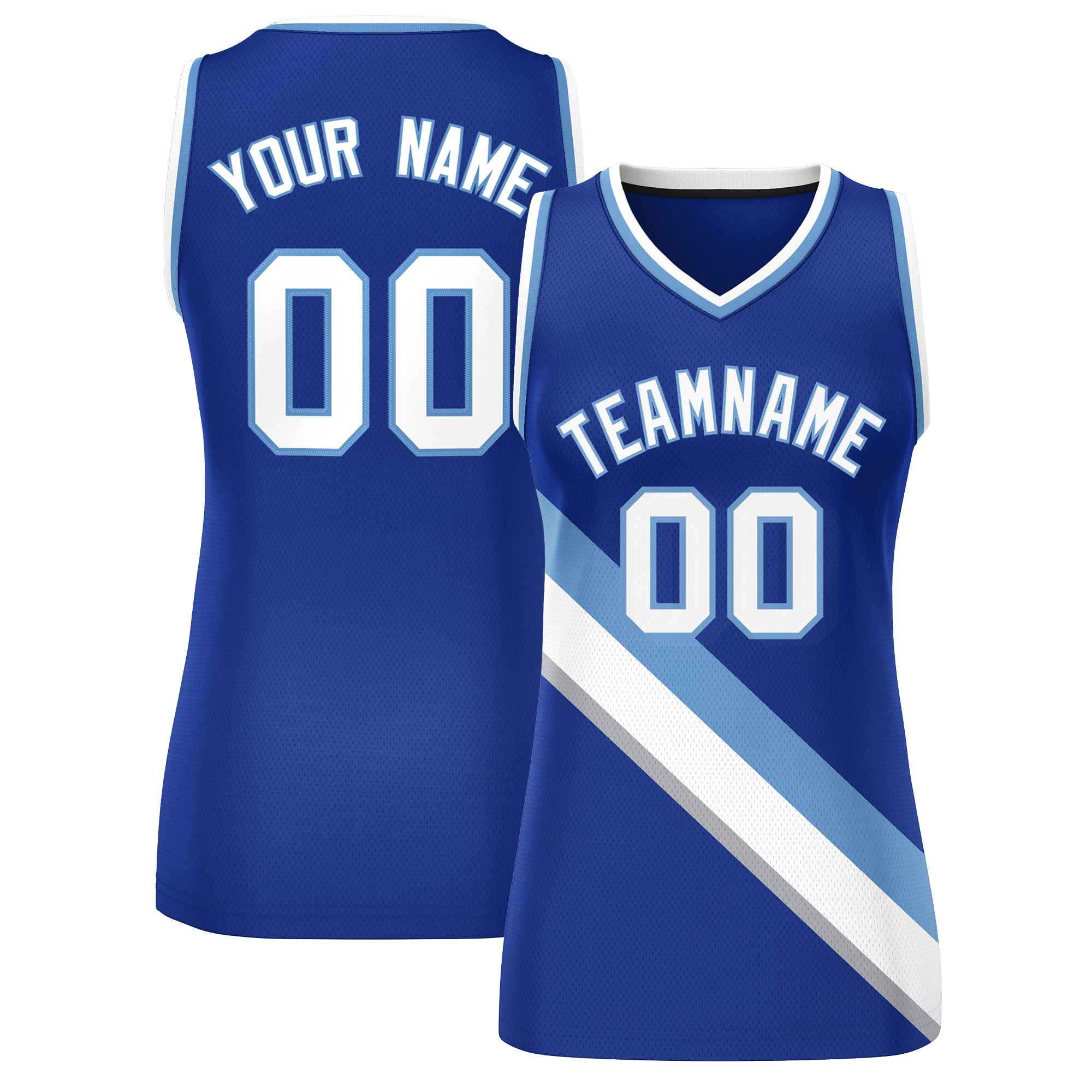 Benutzerdefiniertes königliches weiß-hellblaues dickes Slash Fashion Tops Mesh-Basketballtrikot für Frauen