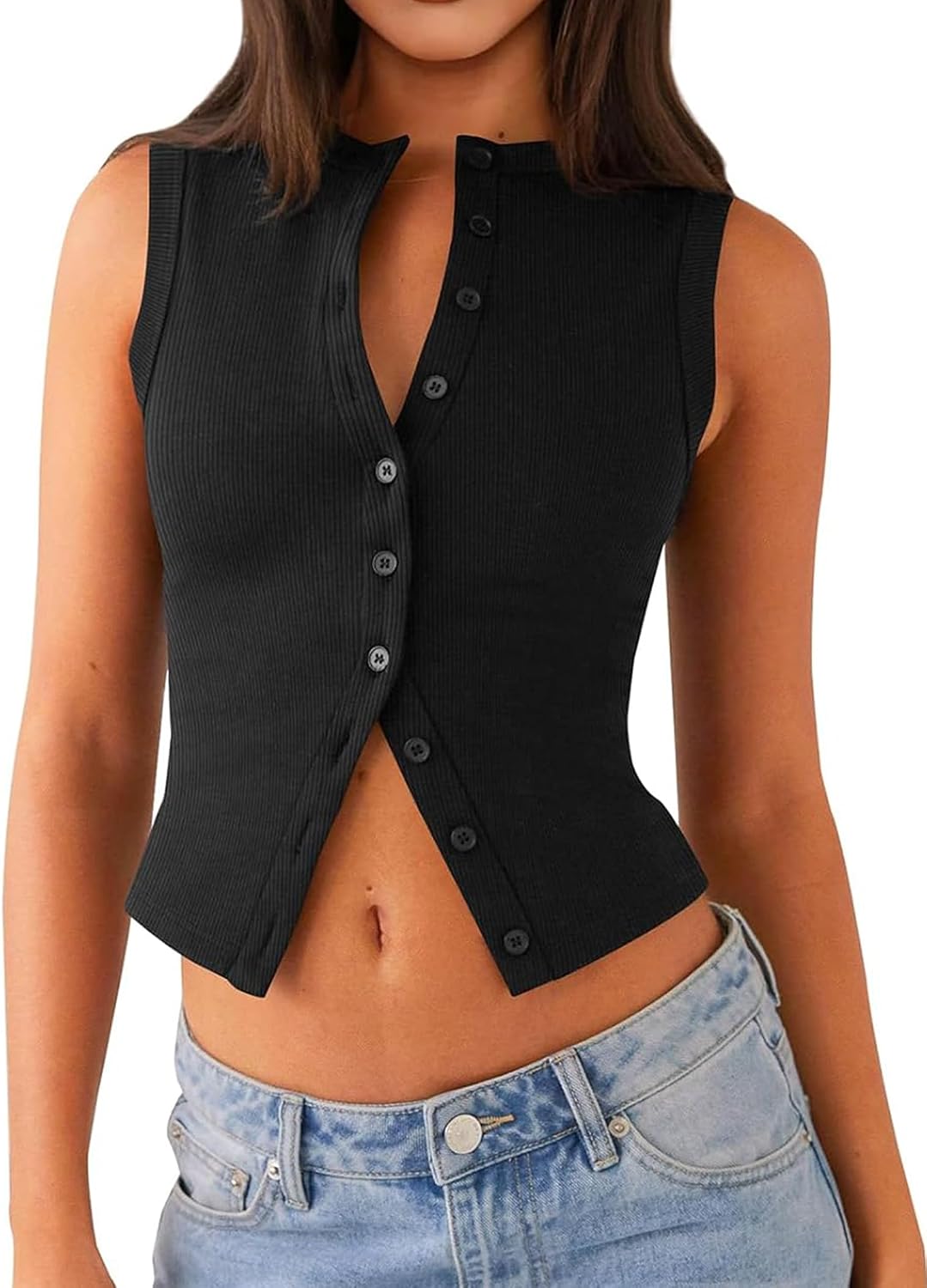 Womens Going Out Tops Summer Tank Sexy Crop Cute Y2K Shirts Button Down Ribbed Sleeveless Cropped Vest Basic Concert Date Night Rave Party Outfits Spring