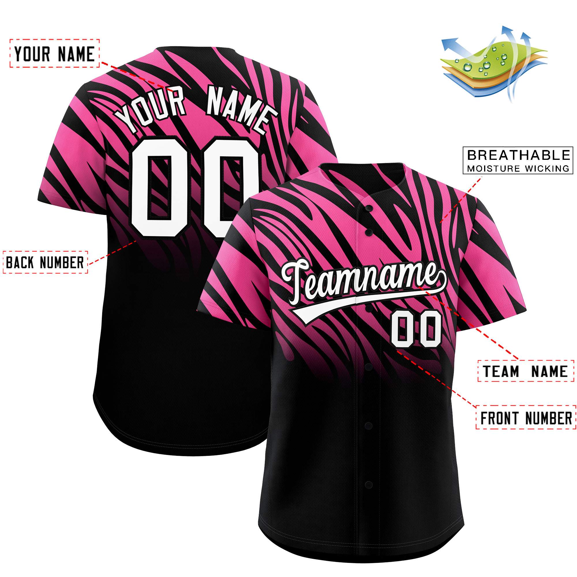 Benutzerdefiniertes Team-Shirt mit Tiger-Streifen und Farbverlauf und Tierdruck, Baseball-Trikot