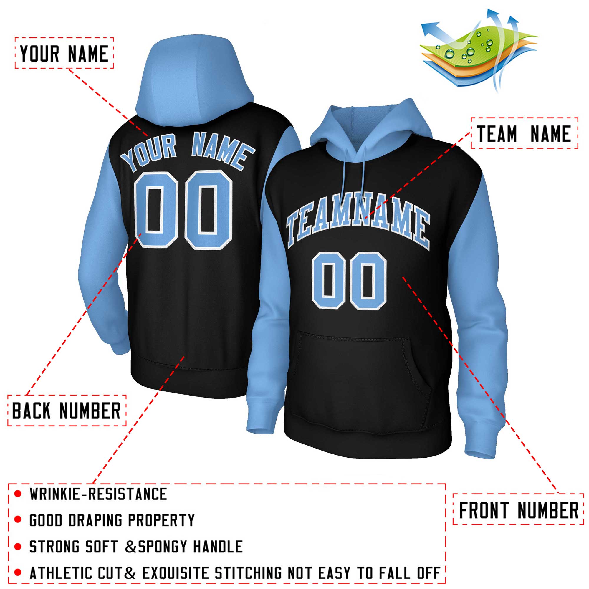 Custom Light Blue-White Raglan Sleeves Stitched Sportwear Pullover Hoodie