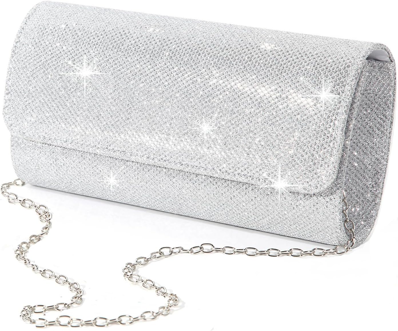 Women's Silver Glitter Clutch Purse with Detachable Chain Strap