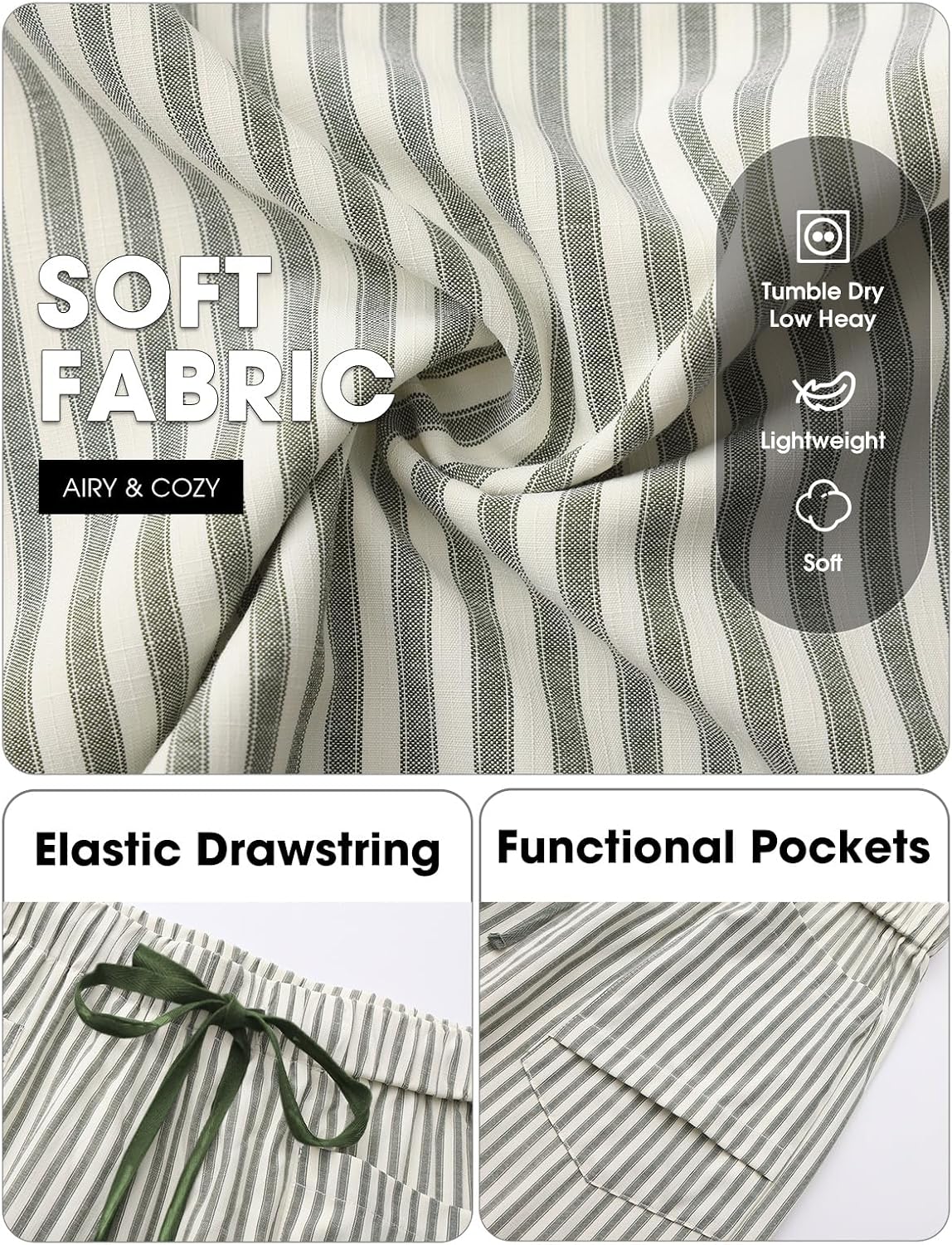 Womens Faux Linen Striped Barrel Capri Pants Drawstring Trousers Wide Leg Elastic Waist Deep Pockets Lightweight Beach Vacation Outfits Lounge Summer