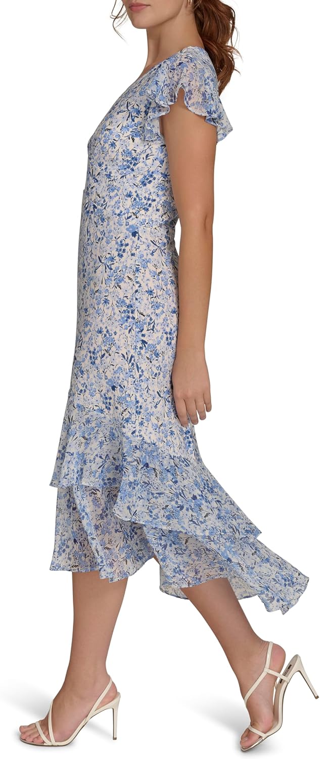 Women's Flutter Sleeve V-Neck Ruffle Trim Hi-Lo Midi Dress
