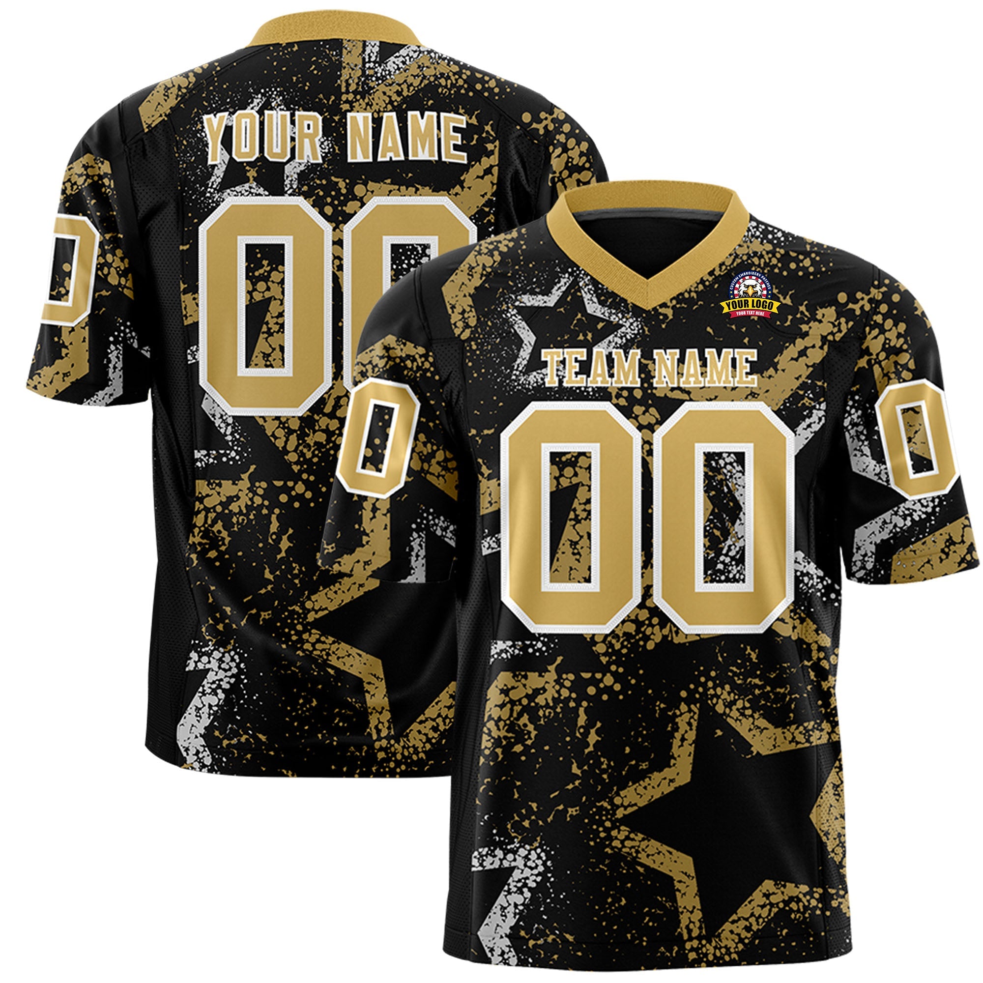 Benutzerdefiniertes, personalisiertes Star-Graffiti-Muster in Schwarz, Altgold und Weiß, authentisches Fußballtrikot